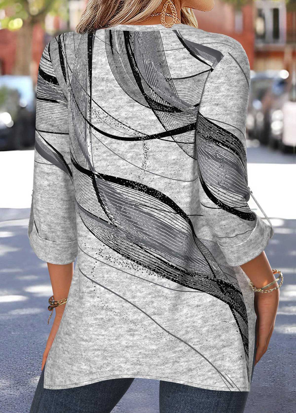 Light Grey Marl Geometric Print Patchwork 3/4 Sleeve Blouse | picture 