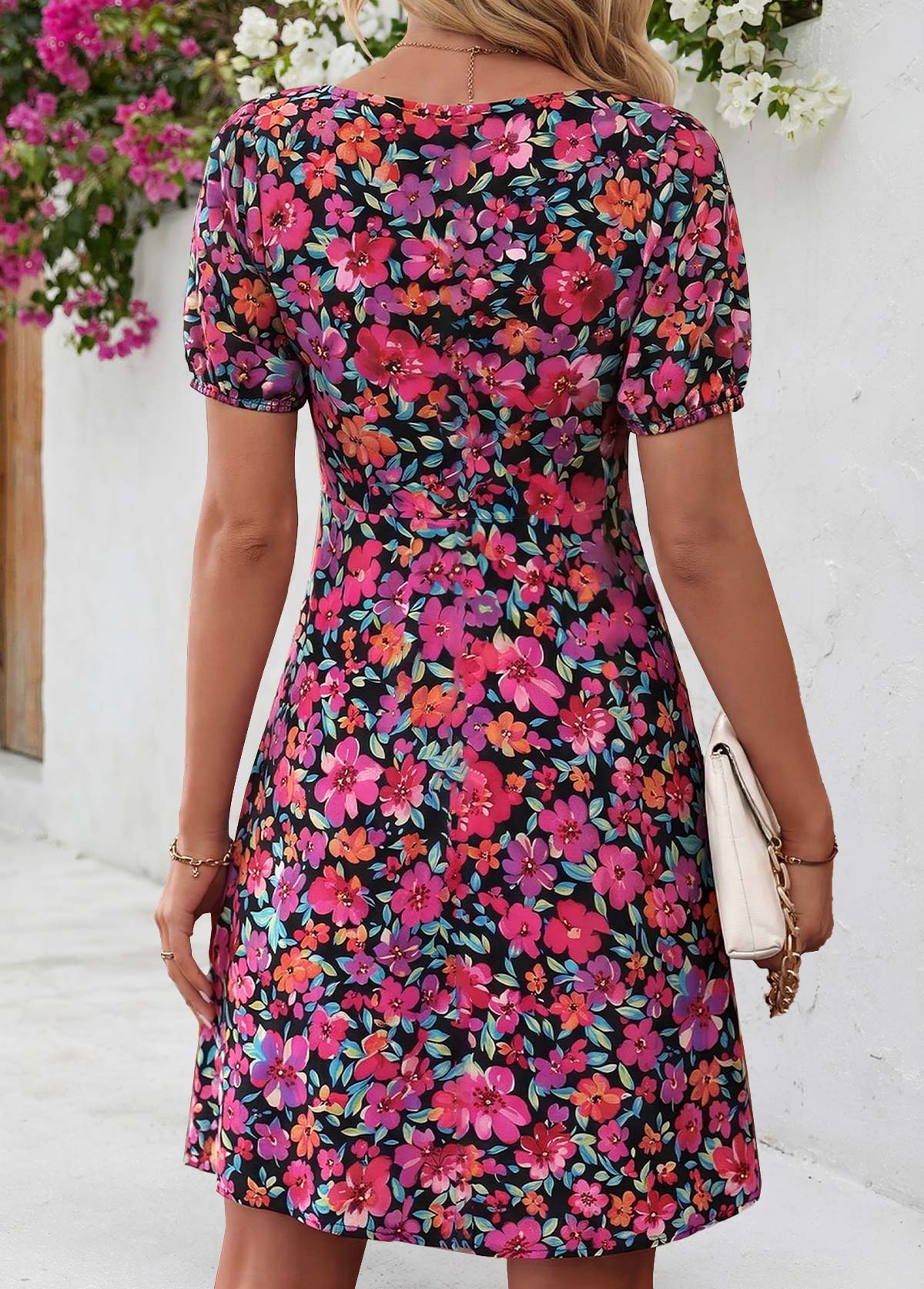 Multi Color Floral Print Short Shirred Heart Collar Dress | picture 