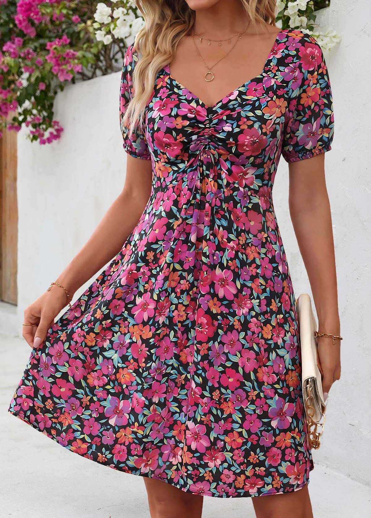 Multi Color Floral Print Short Shirred Heart Collar Dress | picture 