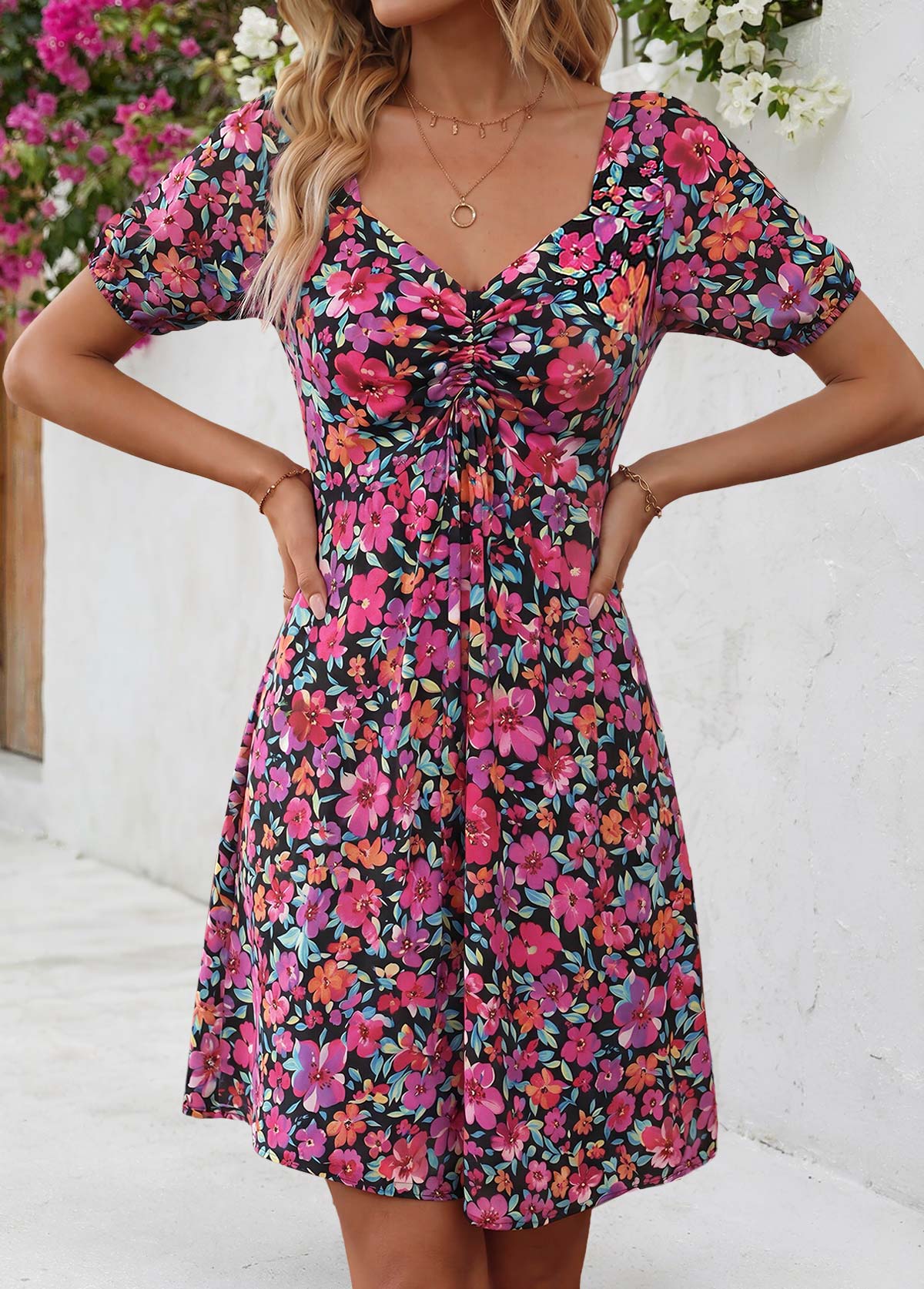 Multi Color Floral Print Short Shirred Heart Collar Dress | picture 
