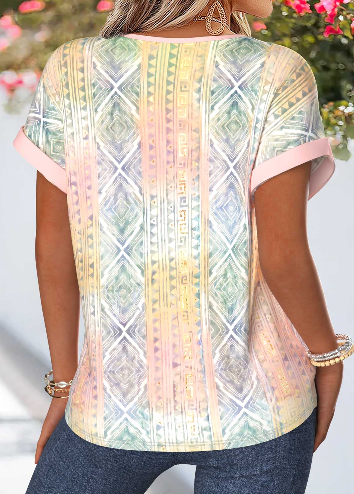 Multi Color Geometric Print Tummy Coverage Short Sleeve Blouse | picture 