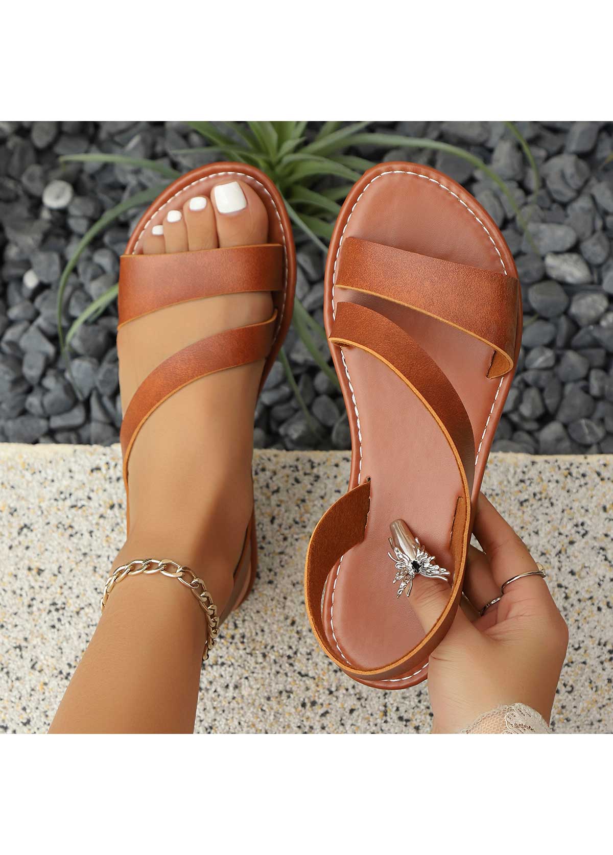 Modlily Light Coffee Round Toe Falt Sandals  41