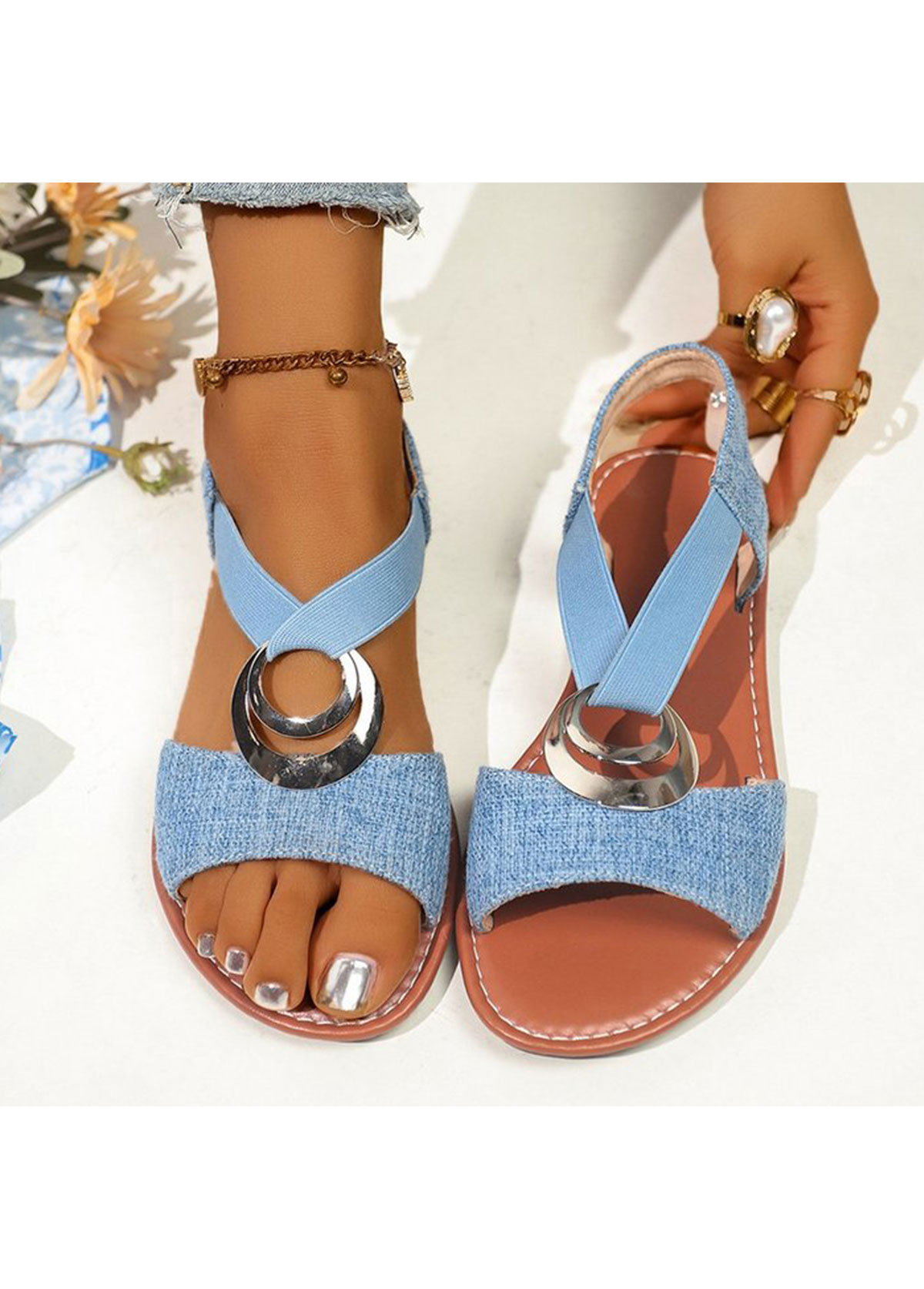 Blue Color Denim Point Toe Falt | picture 