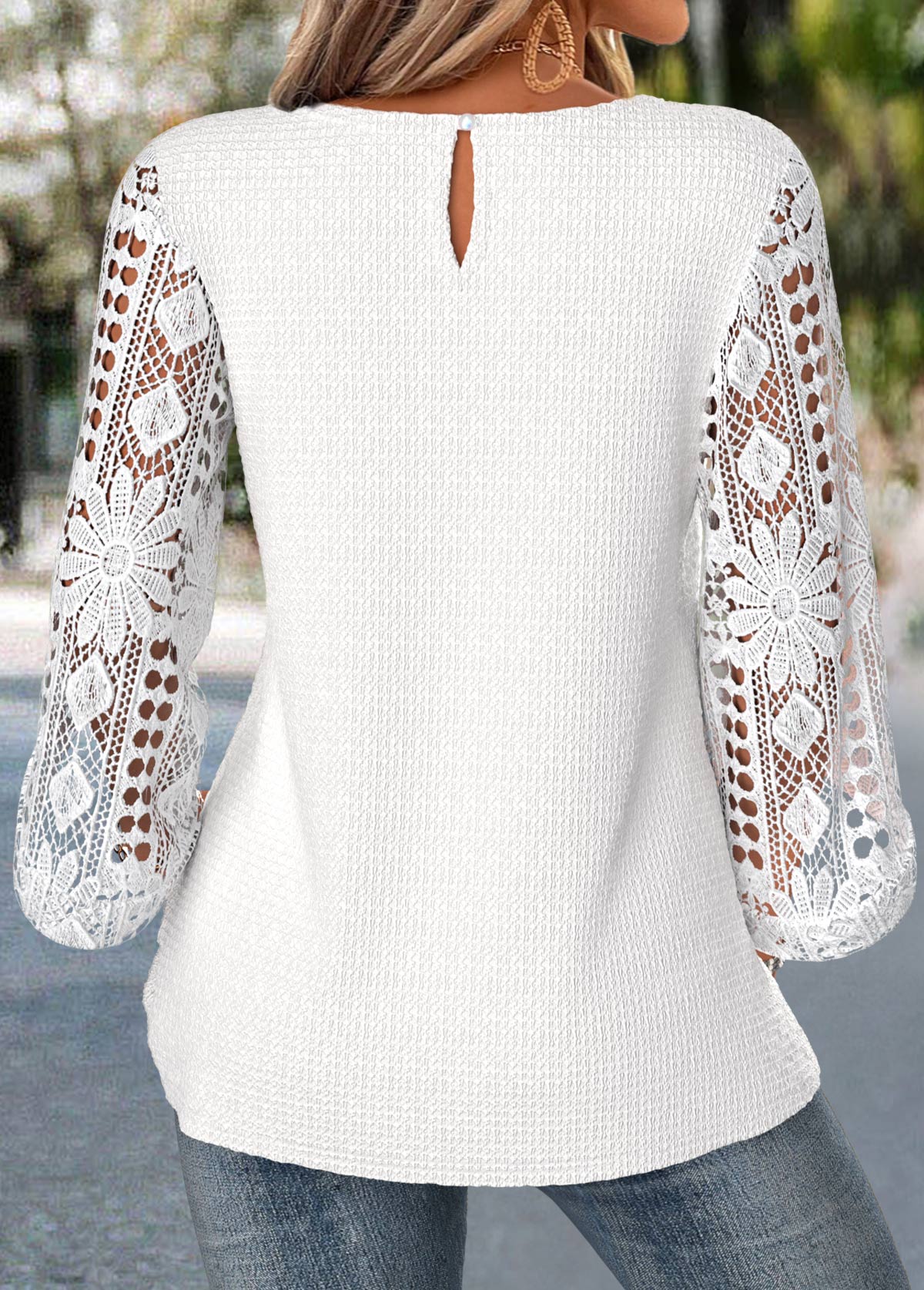 White Patchwork 3/4 Sleeve Round Neck Blouse | picture 