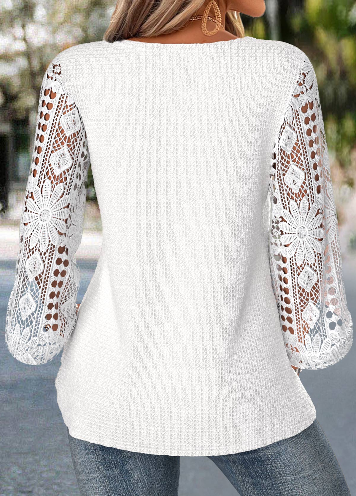White Patchwork 3/4 Sleeve Round Neck Blouse | picture 