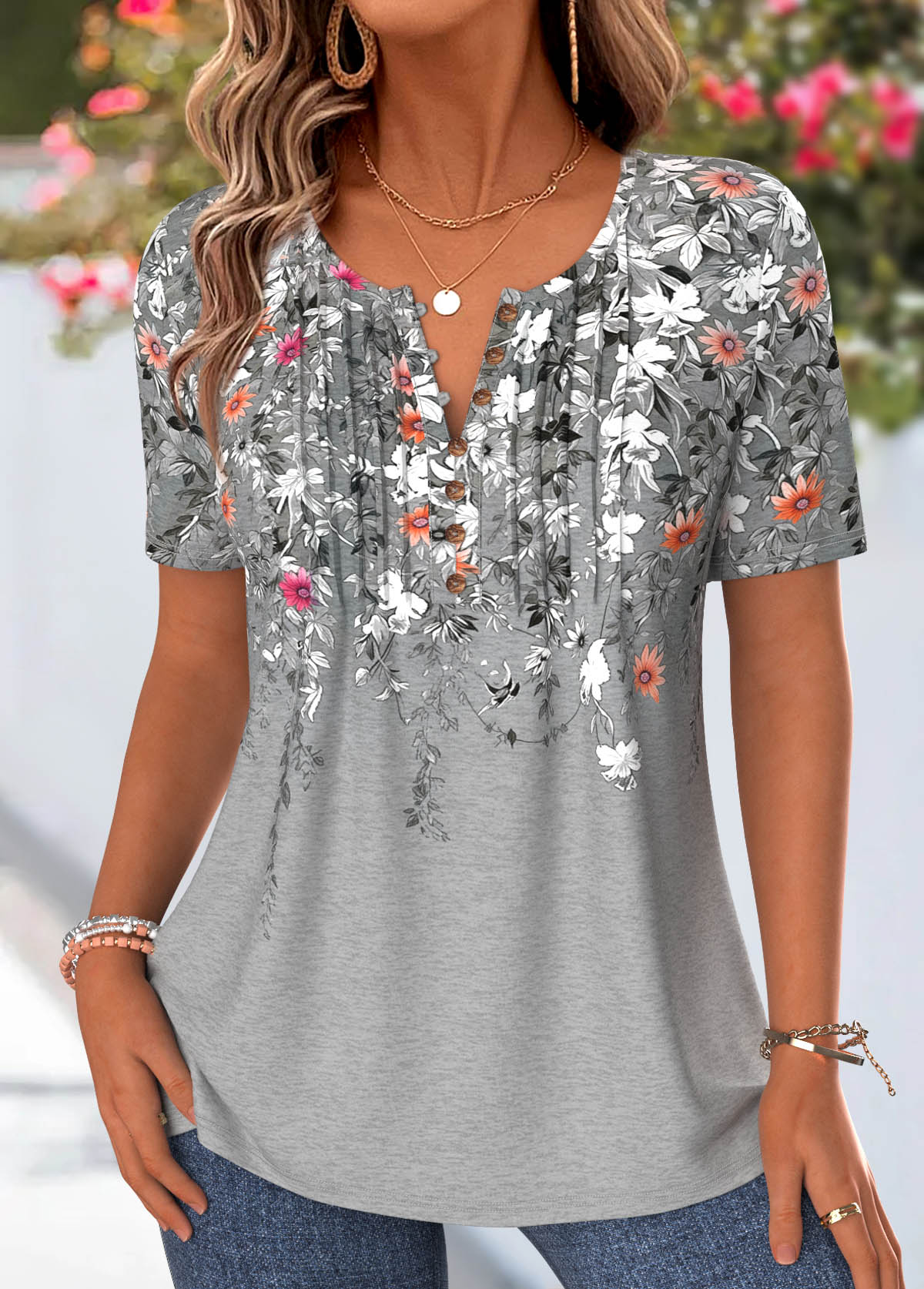 Grey Floral Print Tuck Stitch Short Sleeve T Shirt | picture 