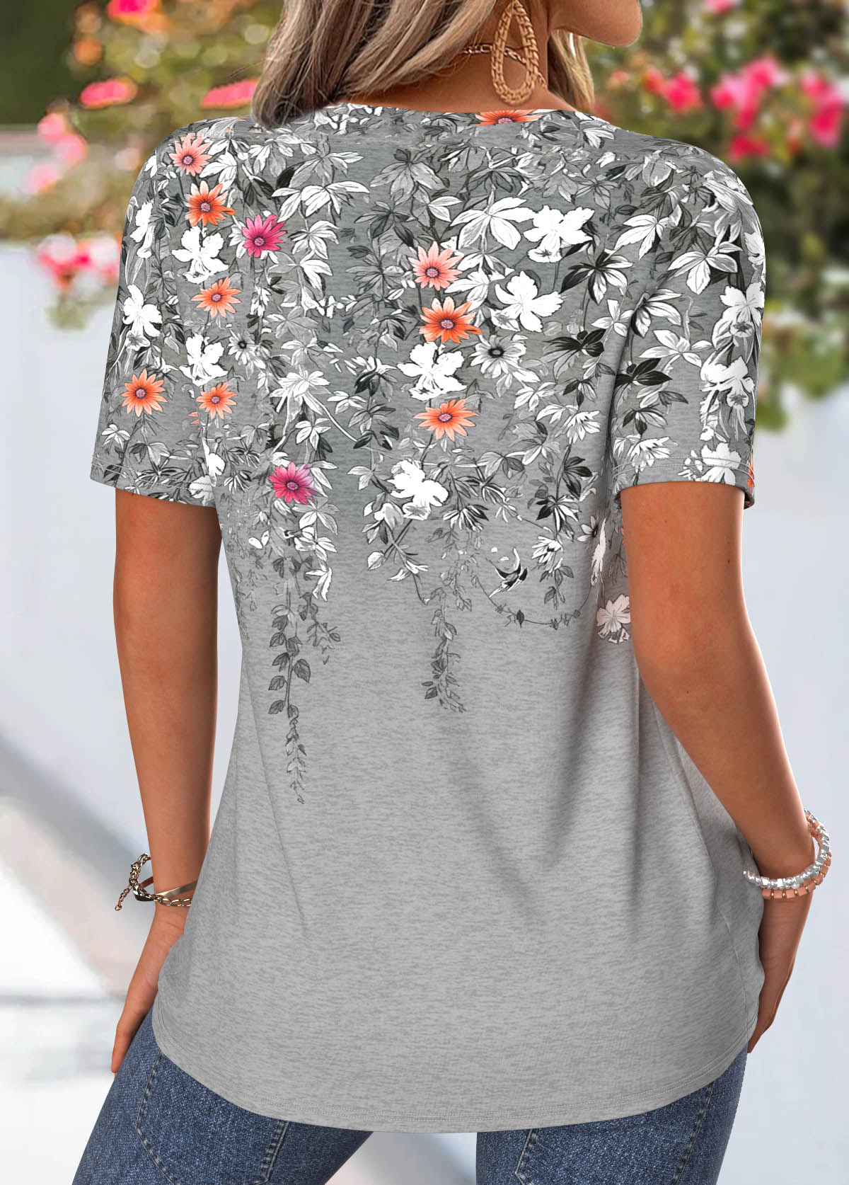 Grey Floral Print Tuck Stitch Short Sleeve T Shirt | picture 