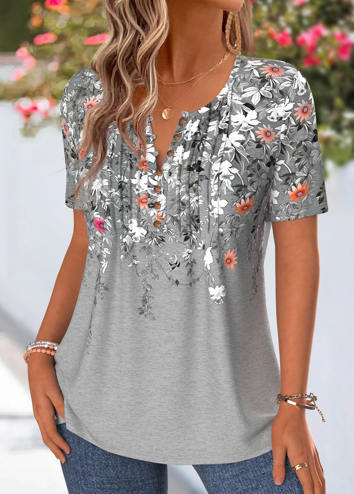 Grey Floral Print Tuck Stitch Short Sleeve T Shirt | picture 