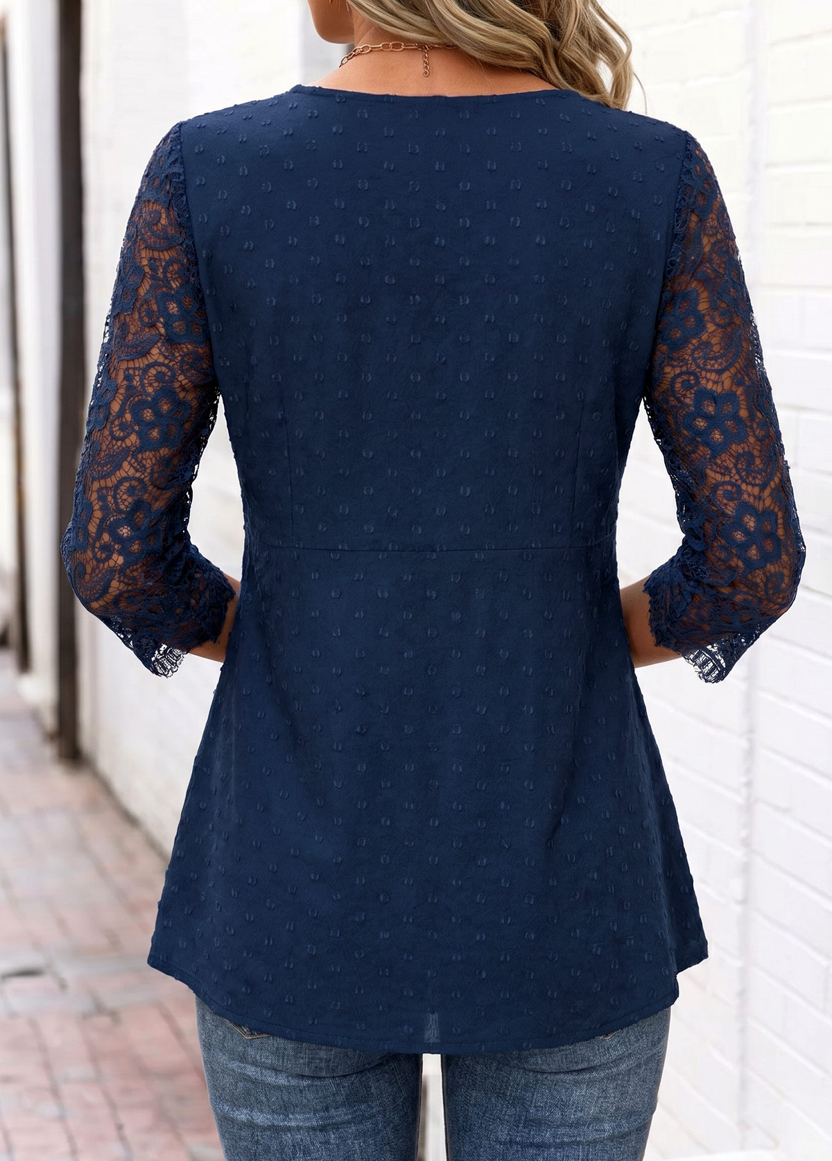 Navy Curved Hem Long Sleeve V Neck Blouse | picture 