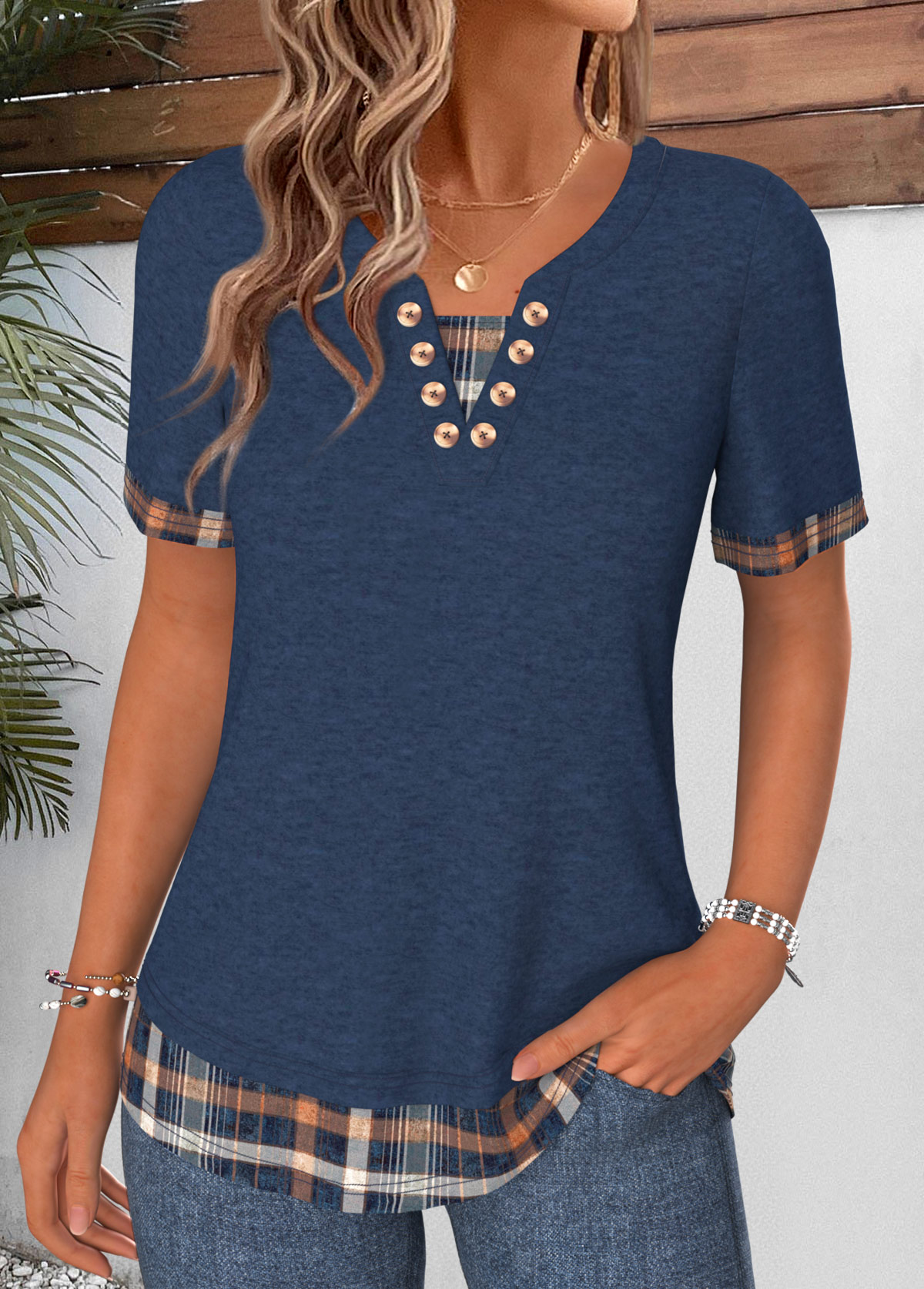 Navy Plaid Fake 2in1 Short Sleeve T Shirt | picture 