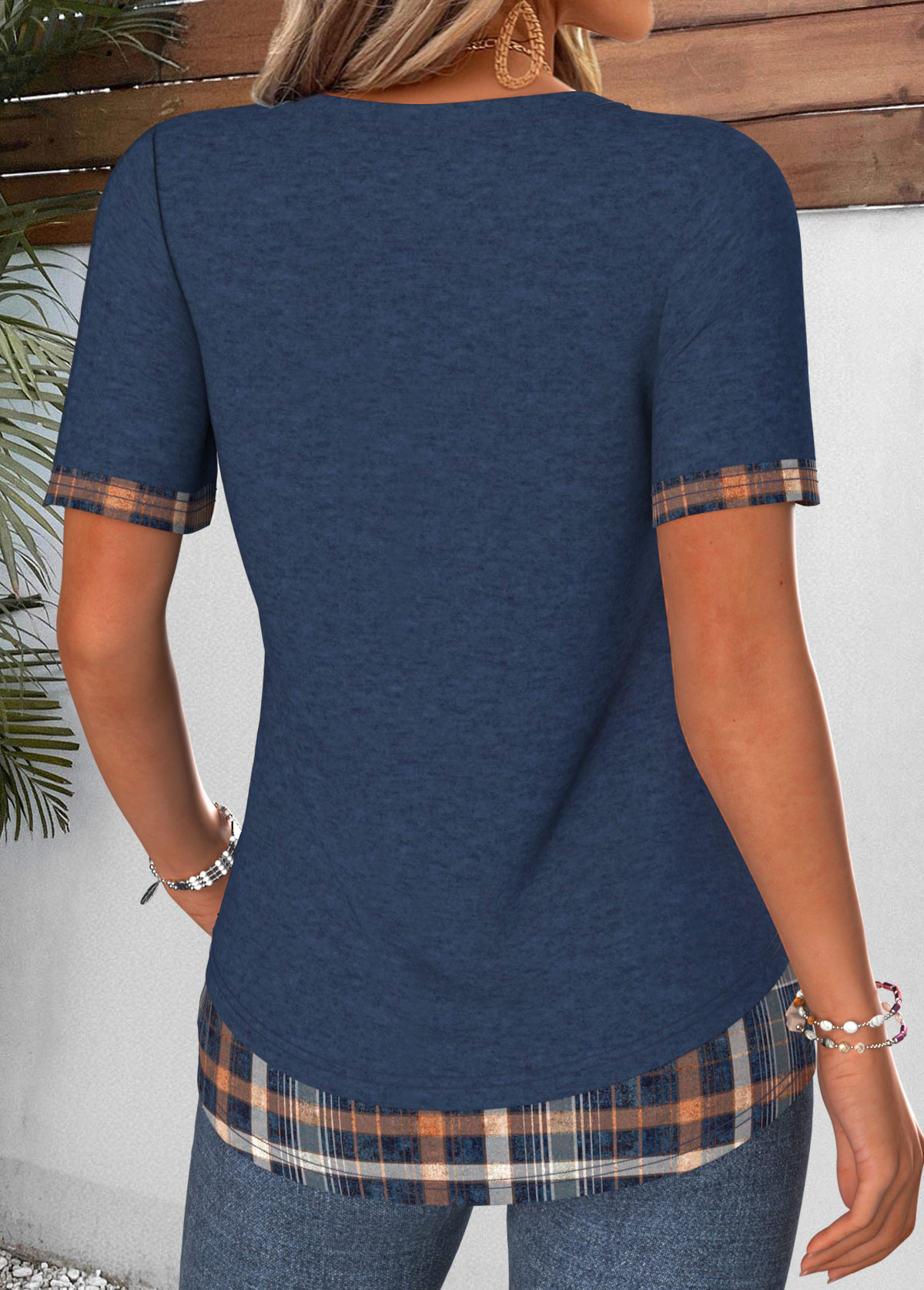 Navy Plaid Fake 2in1 Short Sleeve T Shirt | picture 