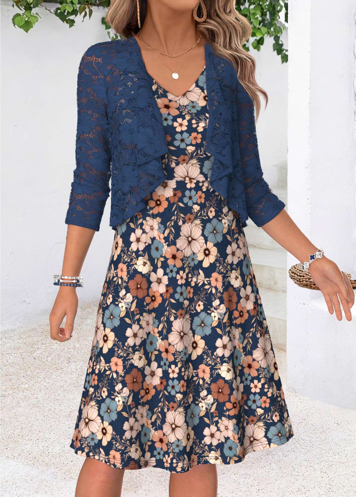 Multi Color Floral Print Two-piece Dress and Cardigan | picture 