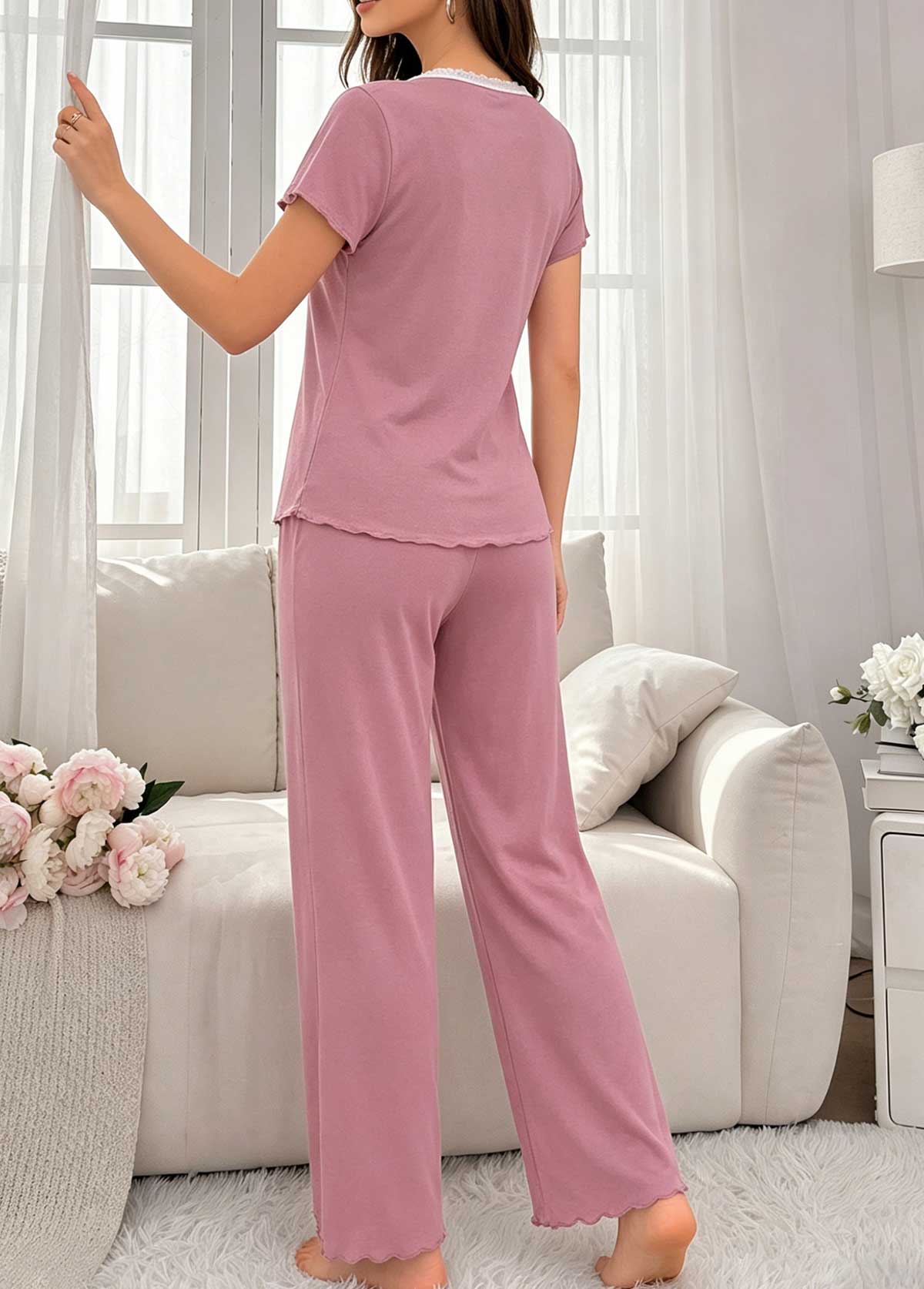 Pink Short Sleeve V Neck Lounge Top and Pants | picture 