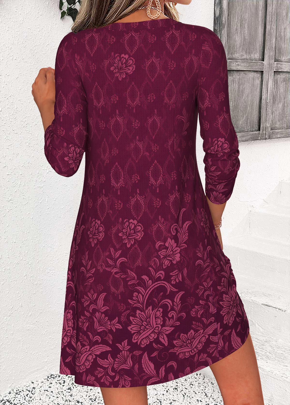 Wine Red Random Floral Print Short Tuck Stitch Dress | picture 