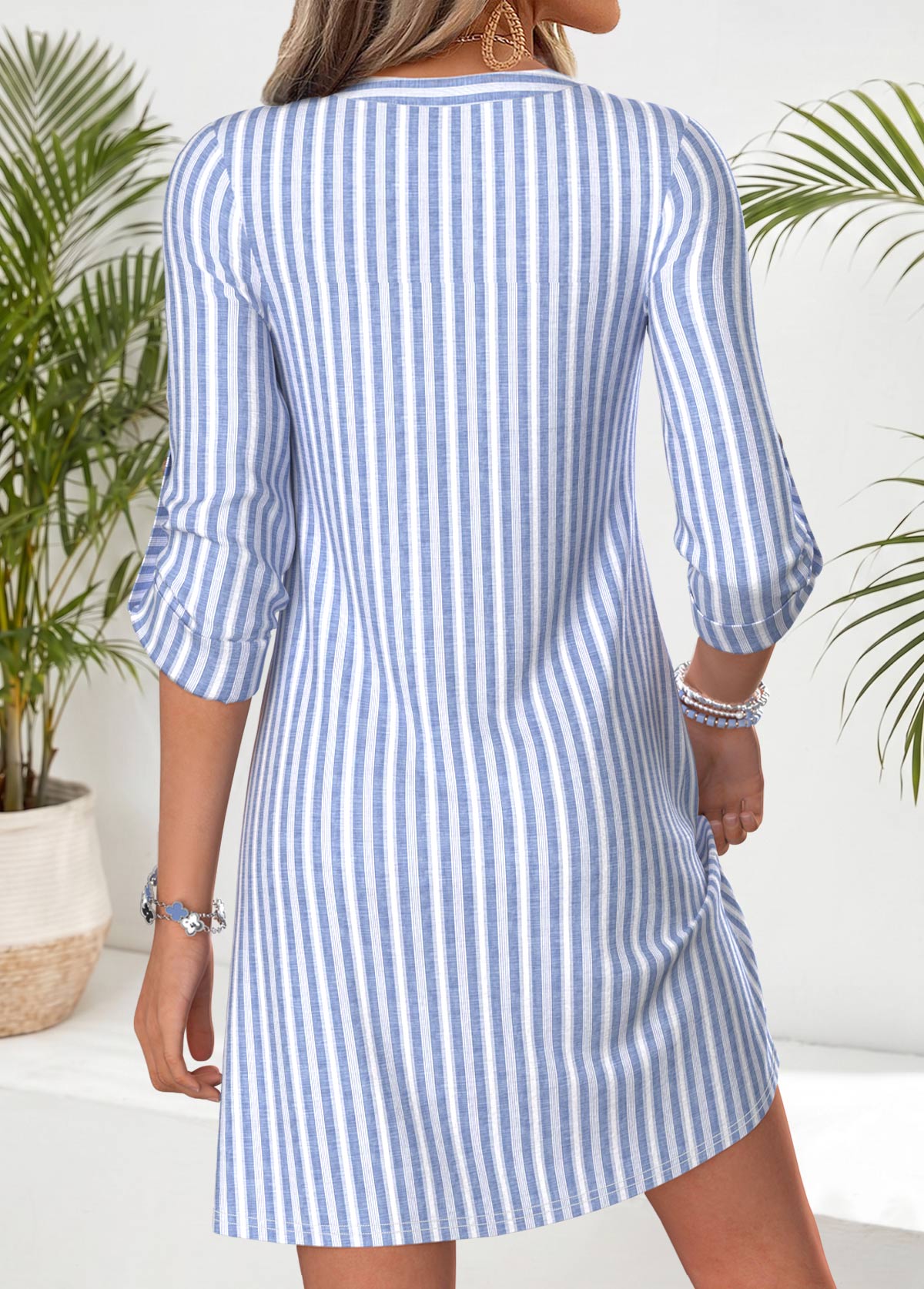 Blue Striped Short Tummy Coverage Long Sleeve Dress | picture 