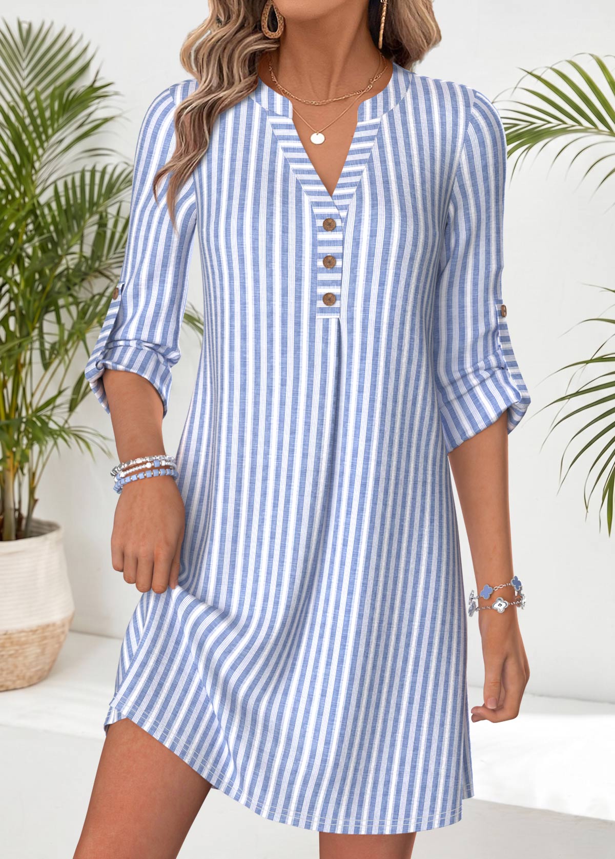 Blue Striped Short Tummy Coverage Long Sleeve Dress | picture 