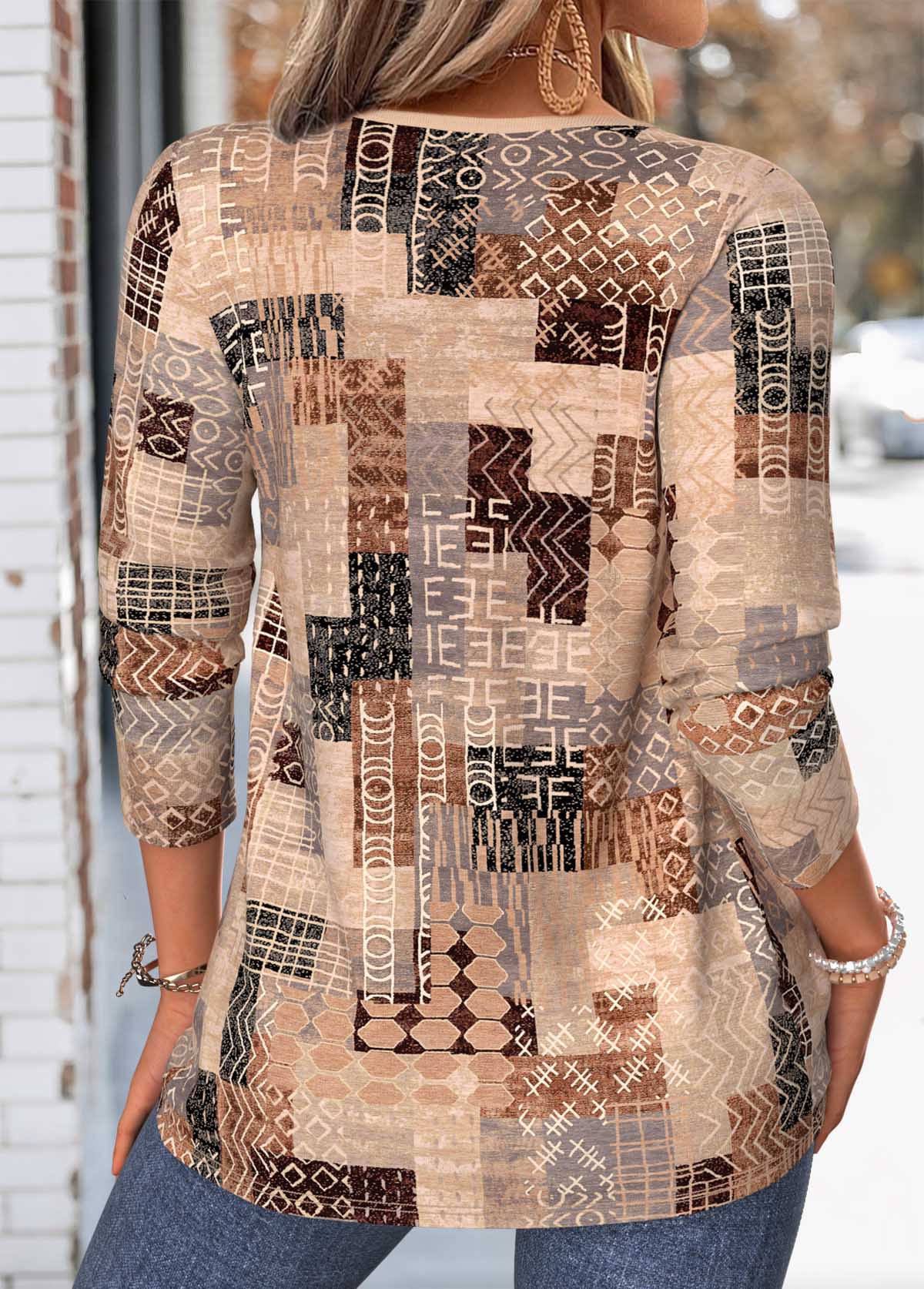 Light Coffee Tribal Print Tuck Stitch T Shirt | picture 
