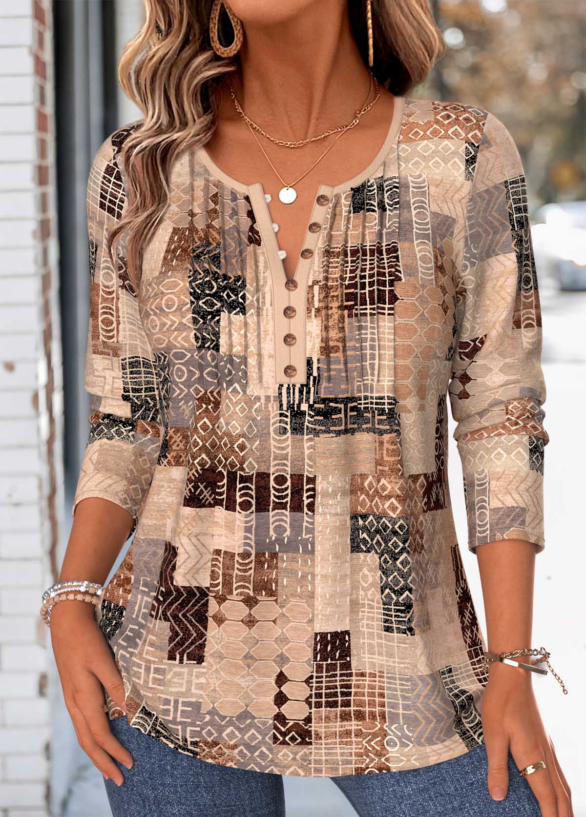 Light Coffee Tribal Print Tuck Stitch T Shirt | picture 