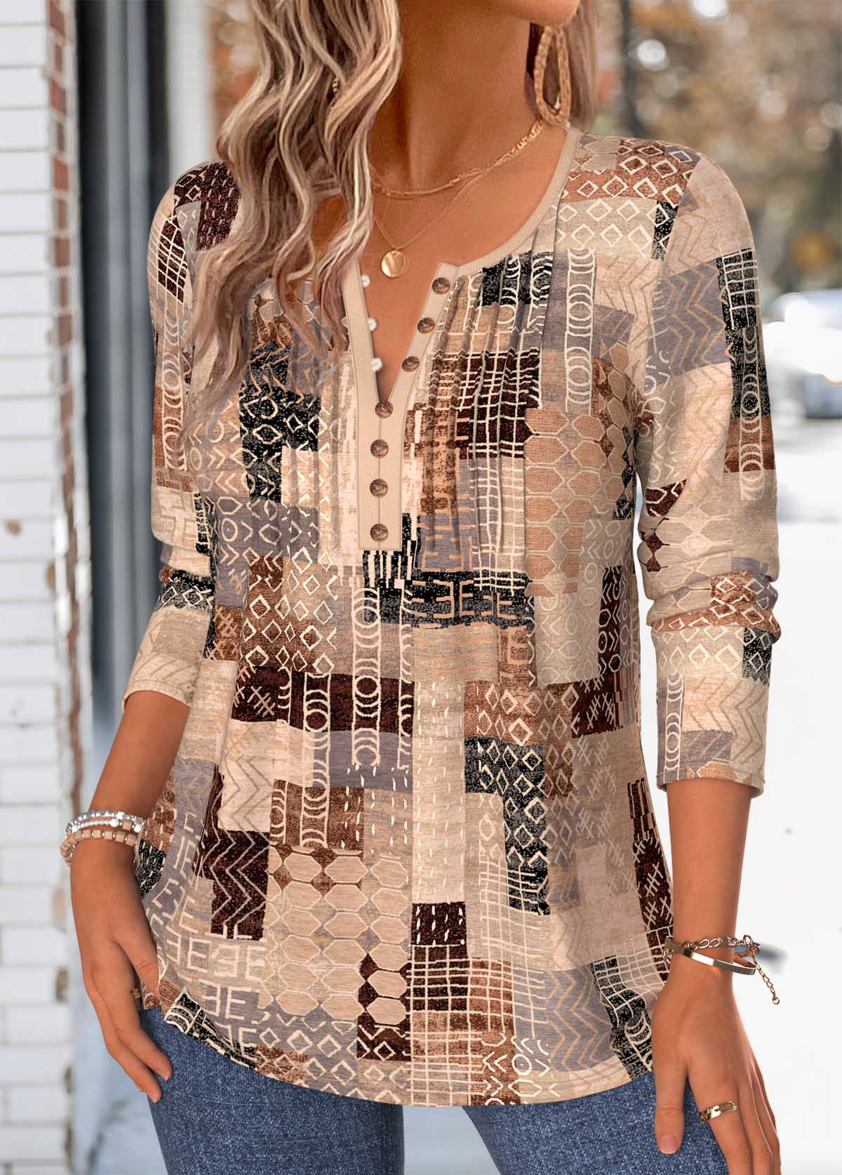 Light Coffee Tribal Print Tuck Stitch T Shirt | picture 