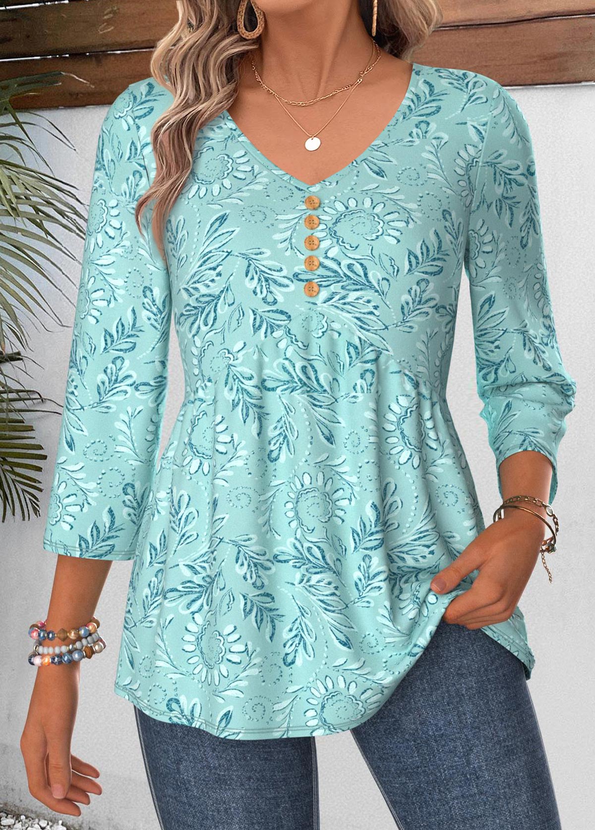 Cyan Paisley Print Curved Hem 3/4 Sleeve Blouse | picture 