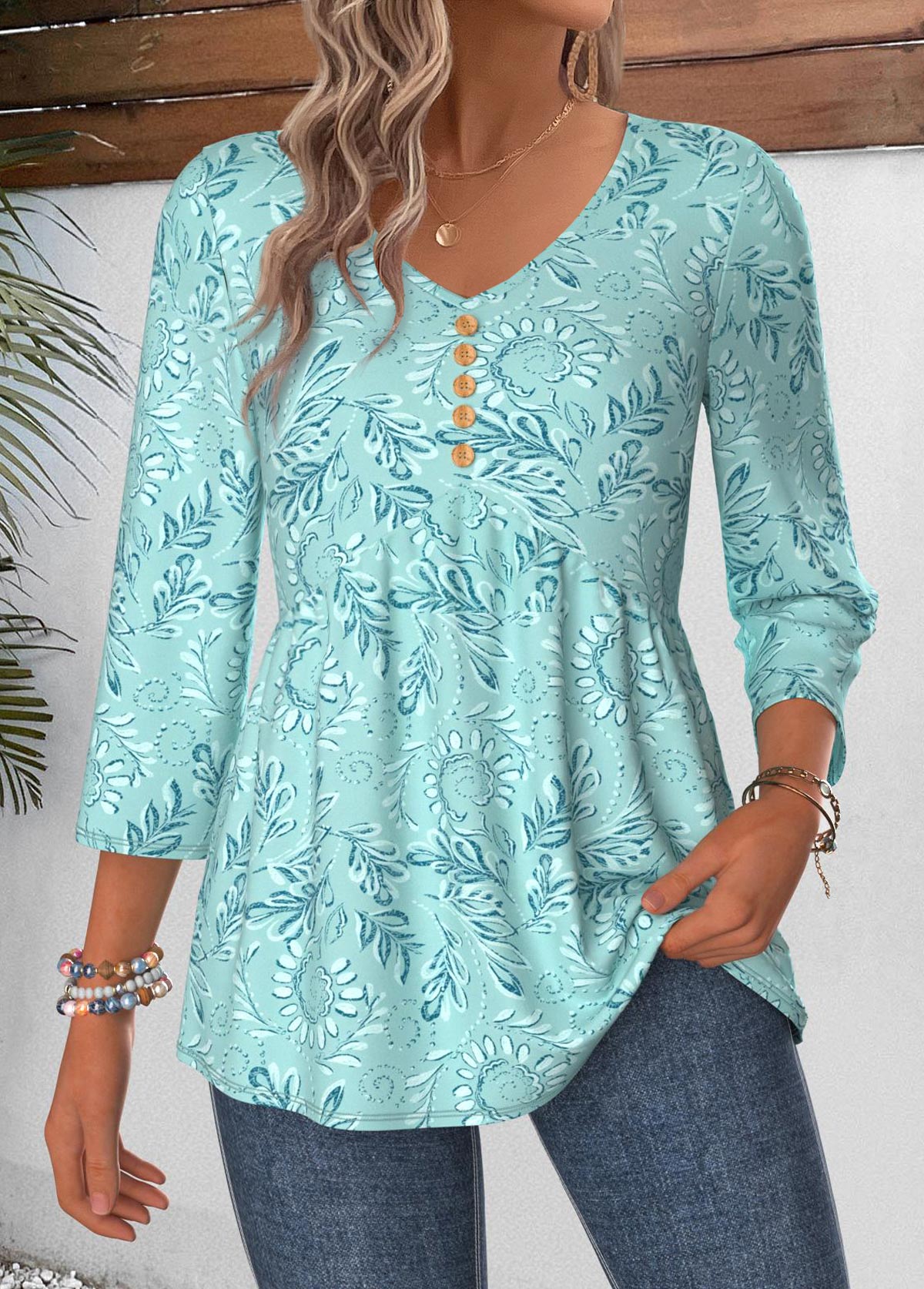 Cyan Paisley Print Curved Hem 3/4 Sleeve Blouse | picture 