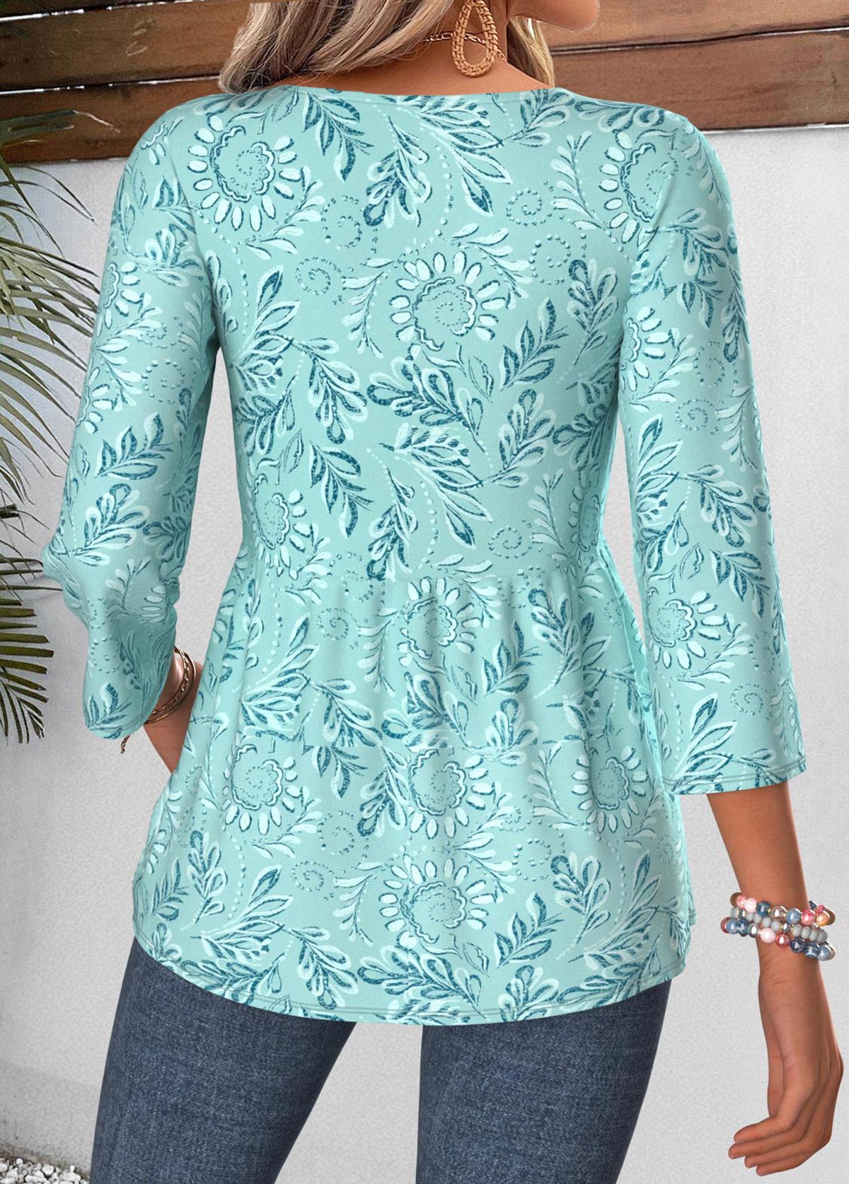 Cyan Paisley Print Curved Hem 3/4 Sleeve Blouse | picture 