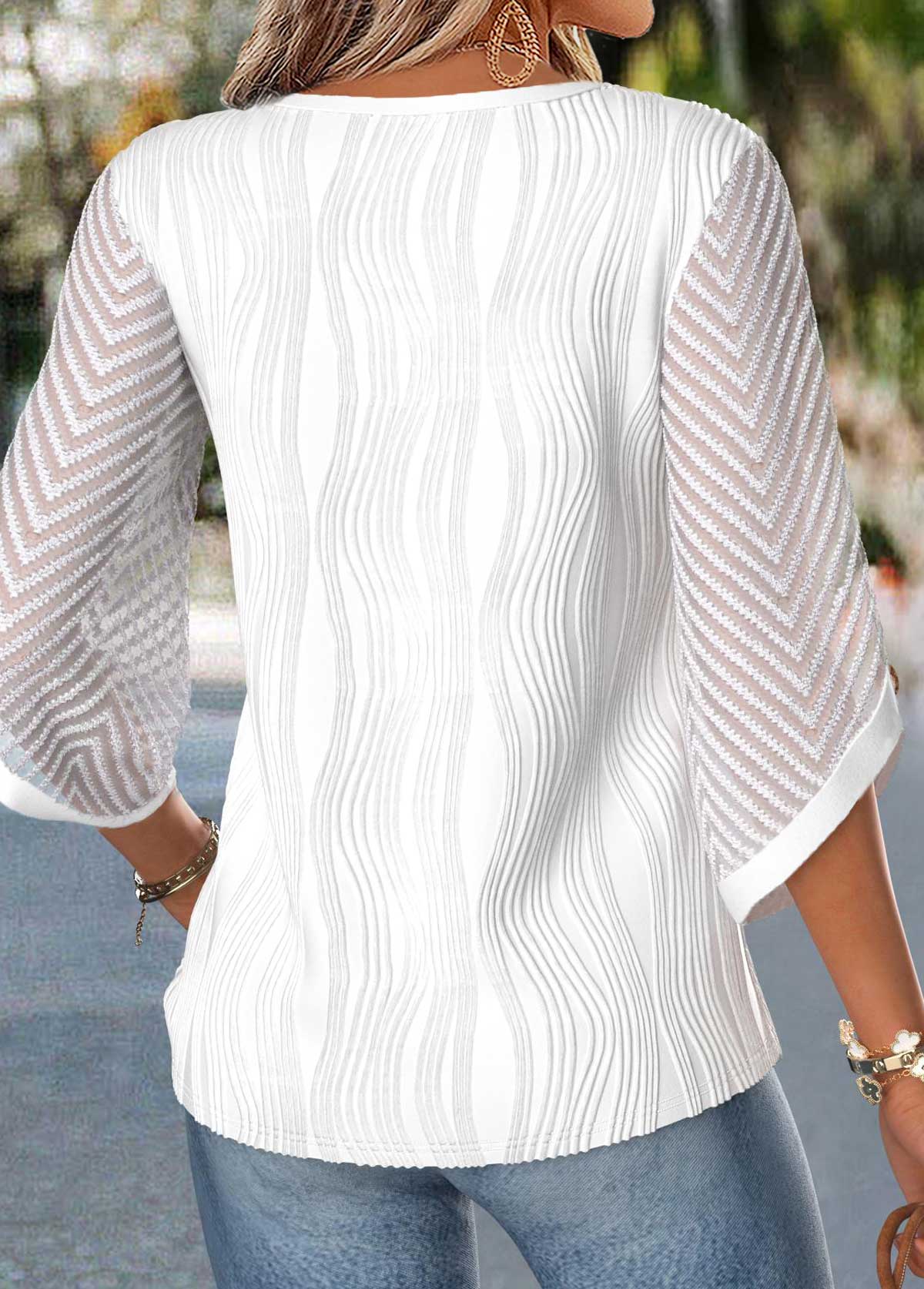 Raw White Curved Hem 3/4 Sleeve Split Neck Blouse | picture 
