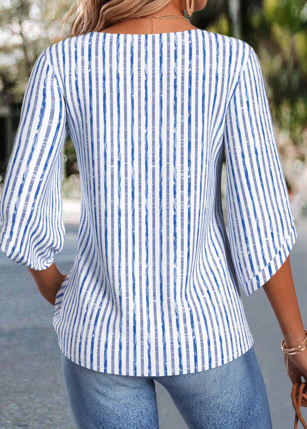 Blue Striped Curved Hem 3/4 Sleeve Split Neck Blouse | picture 2
