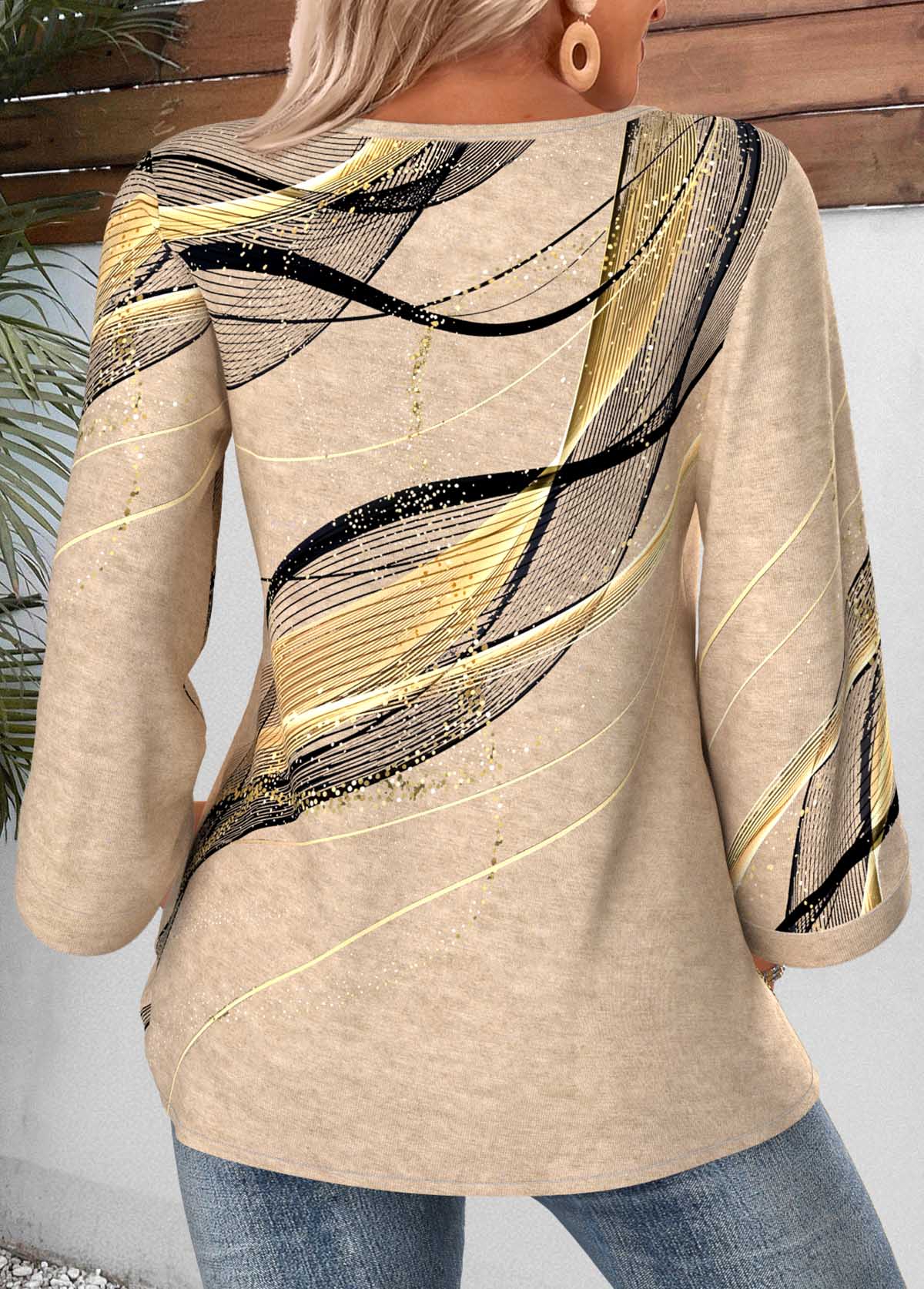 Light Camel Geometric Print Button 3/4 Sleeve Blouse | picture 