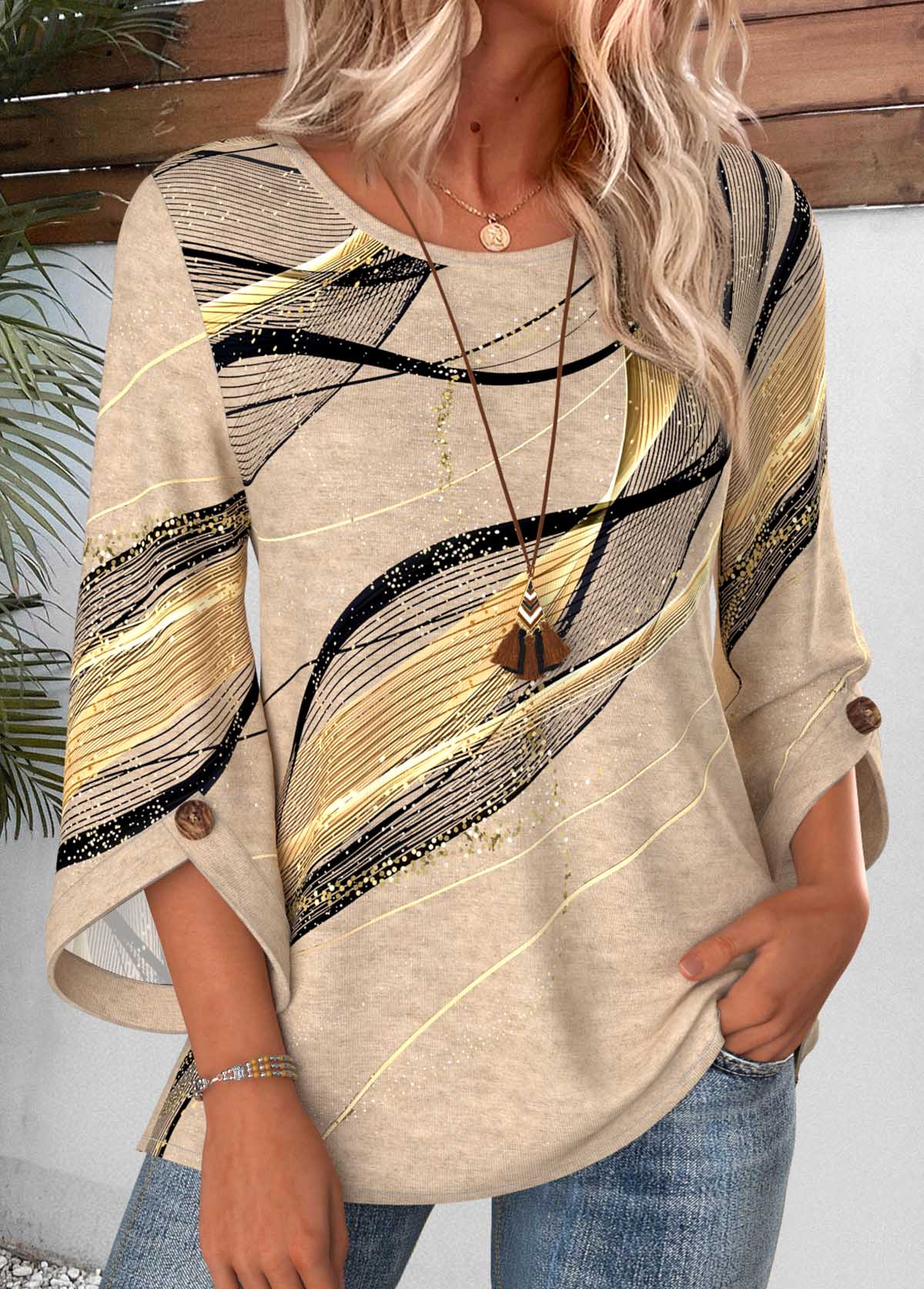 Light Camel Geometric Print Button 3/4 Sleeve Blouse | picture 