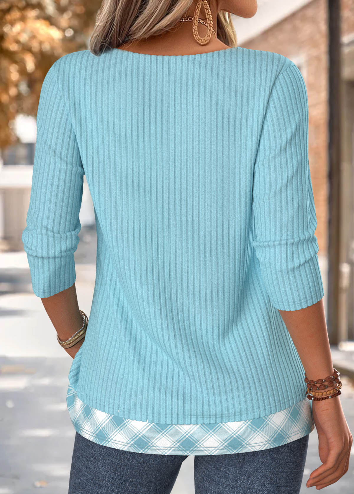 Blue Plaid Fake 2in1 Long Sleeve T Shirt | picture 