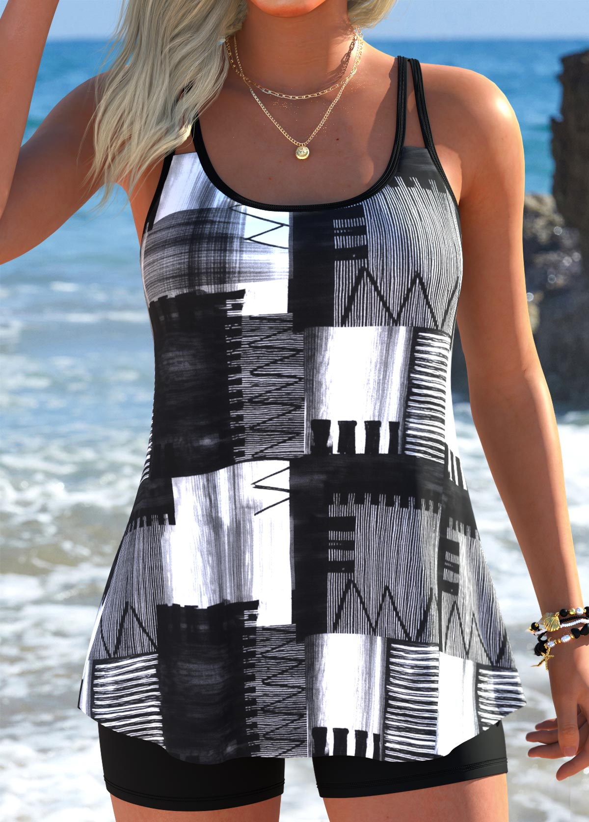 Black Tummy Coverage Geometric Print Tankini Top-No Bottom | linkimg
