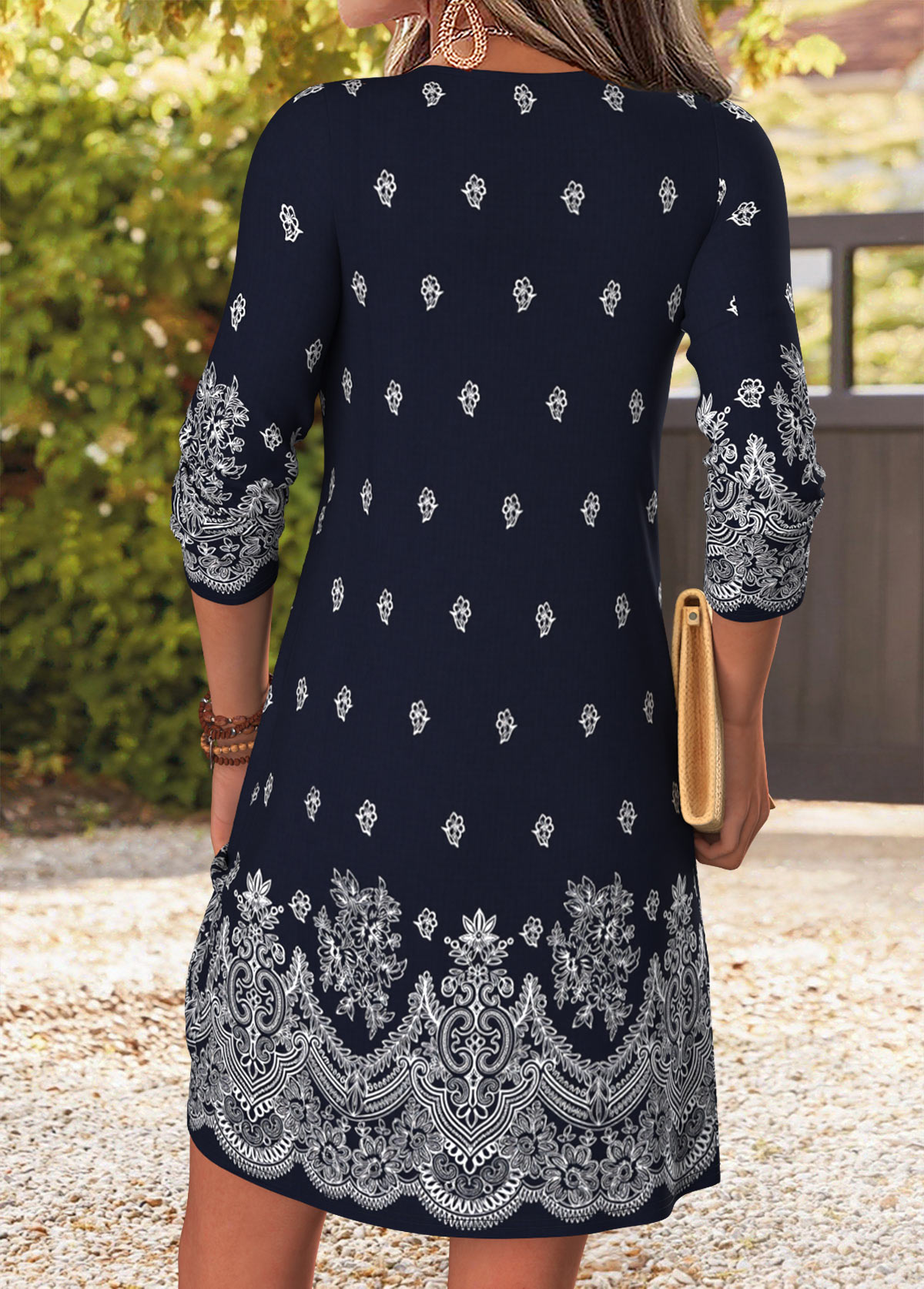 Navy Tribal Print Short Patchwork Long Sleeve Dress | picture 