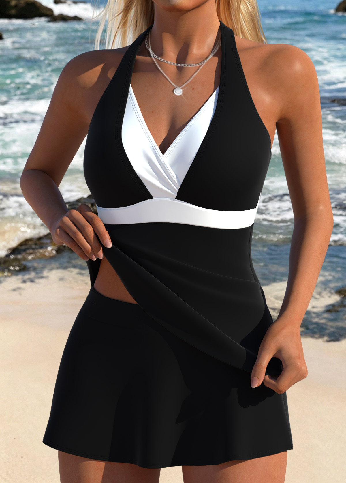 Black Mid Waisted Fake 2in1 Tankini Set | picture 