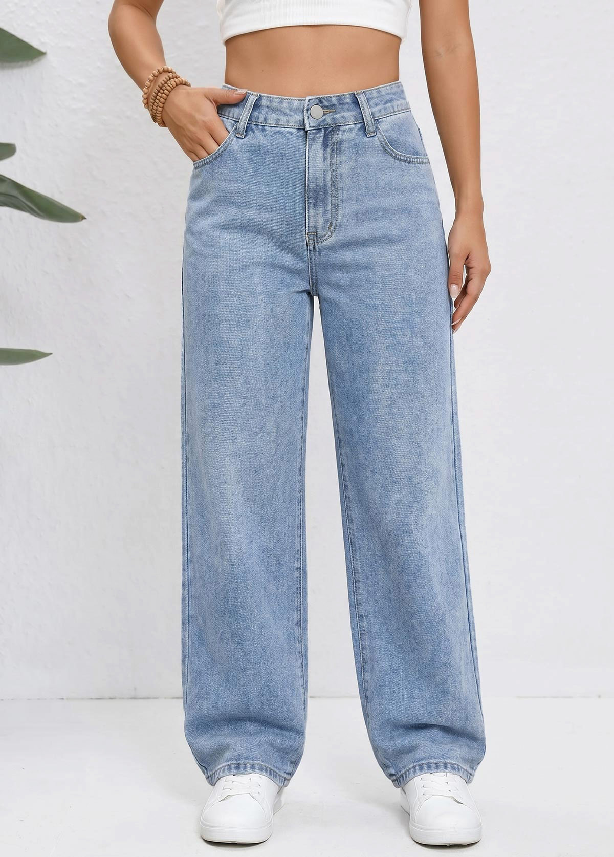 Denim Blue Straight Leg Zipper Fly High Waisted Jeans | picture 