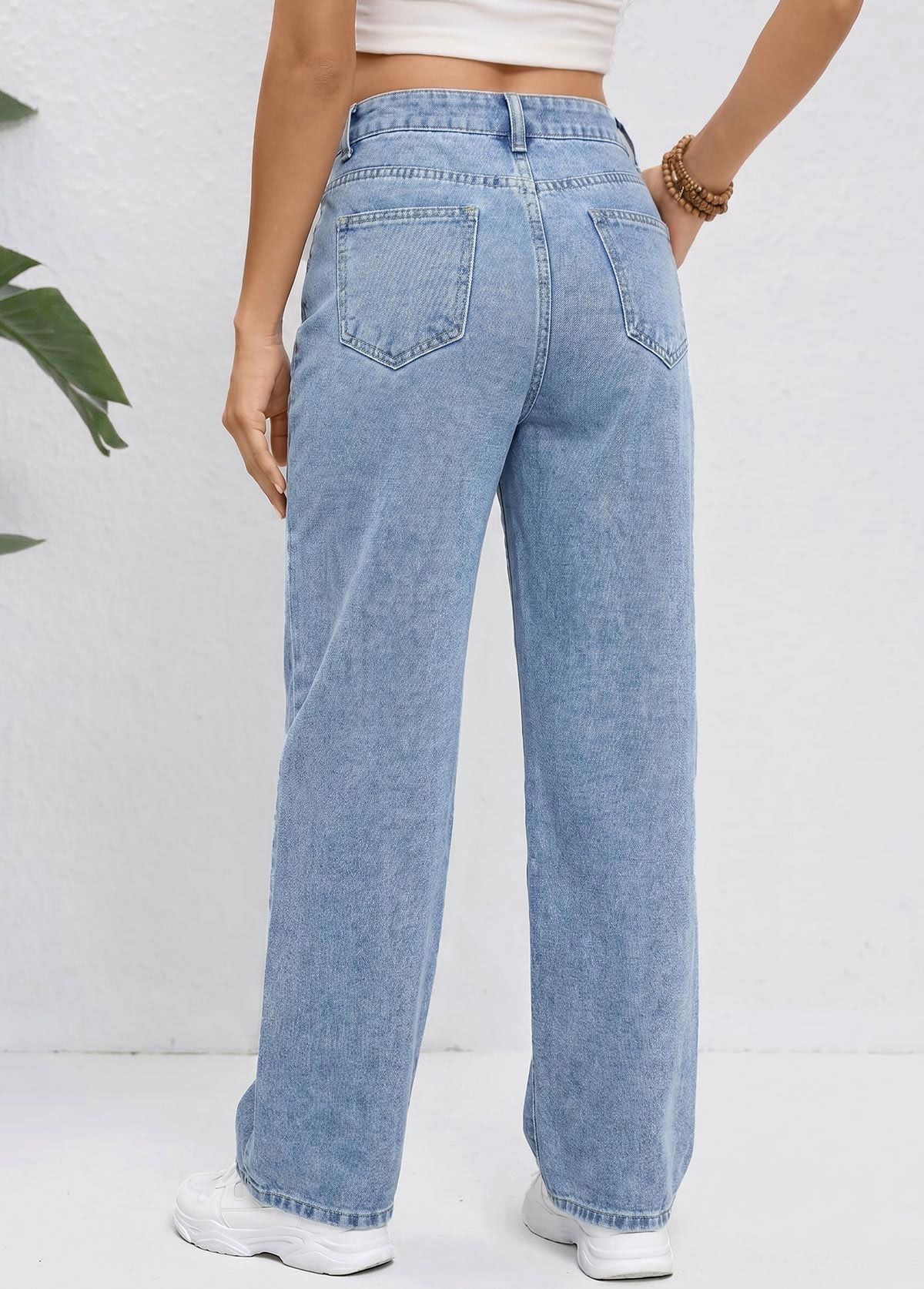 Denim Blue Straight Leg Zipper Fly High Waisted Jeans | picture 