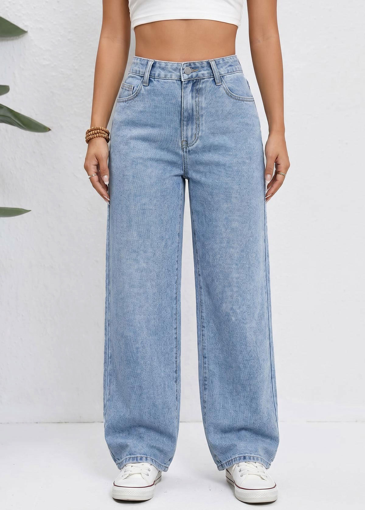 Denim Blue Straight Leg Zipper Fly High Waisted Jeans | picture 