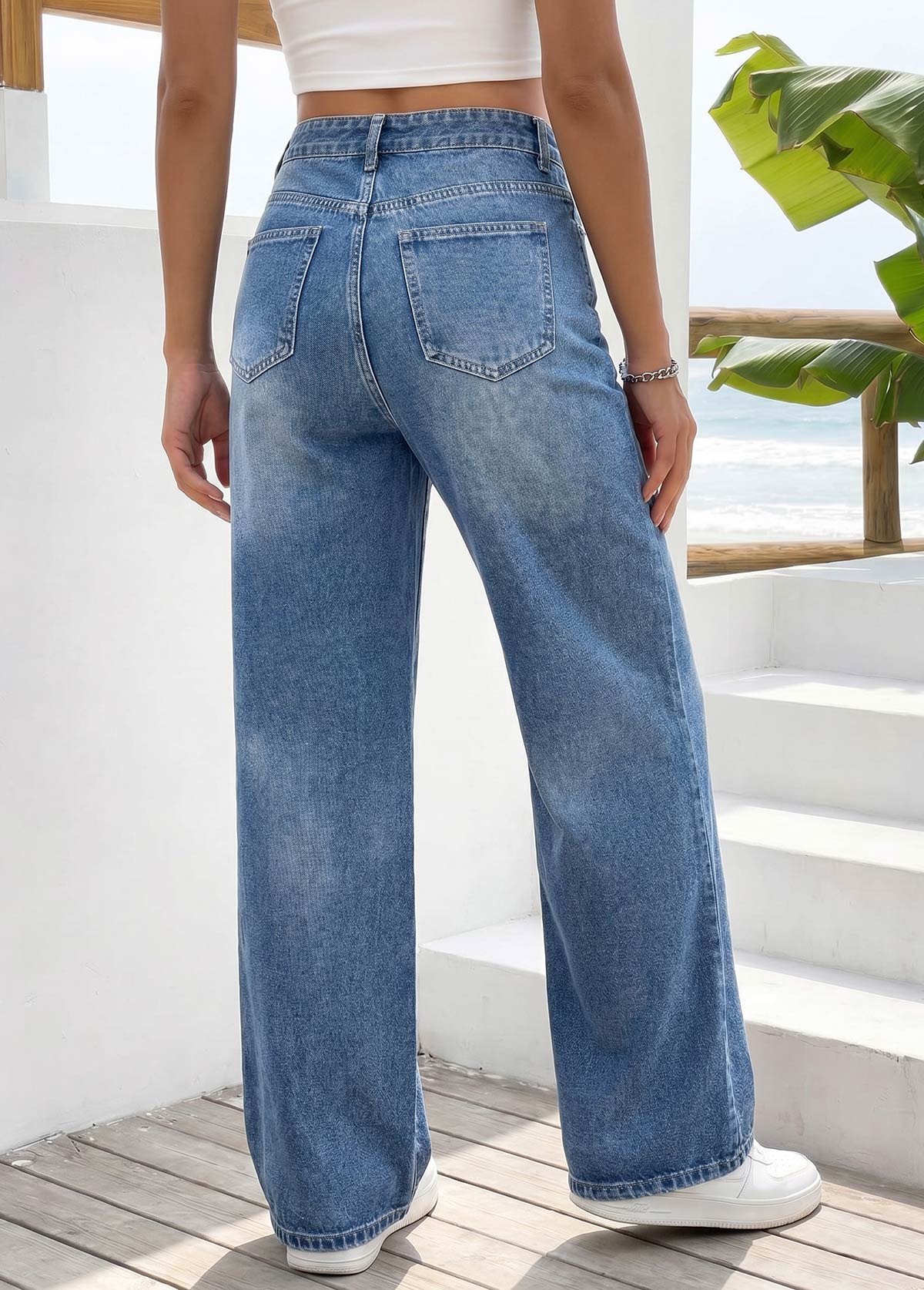 Denim Blue Wide Leg Zipper Fly High Waisted Jeans | picture 
