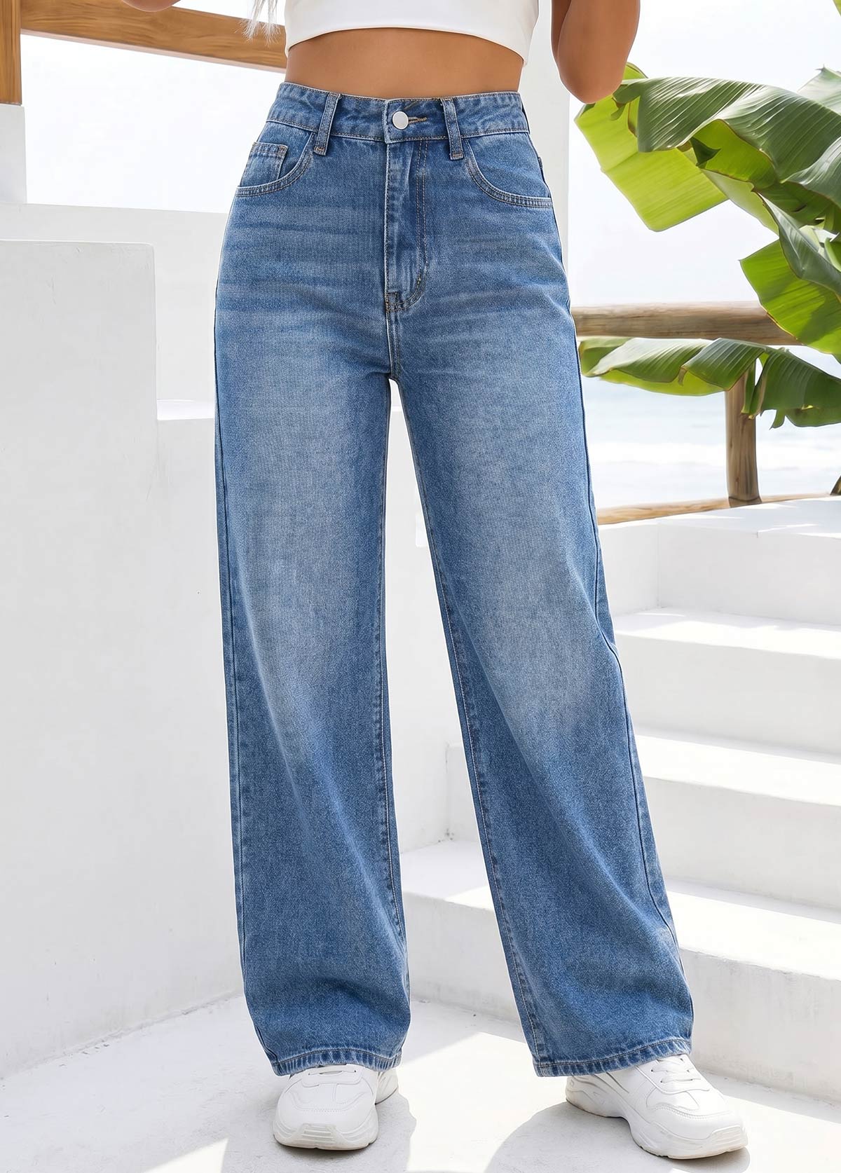 Denim Blue Wide Leg Zipper Fly High Waisted Jeans | picture 