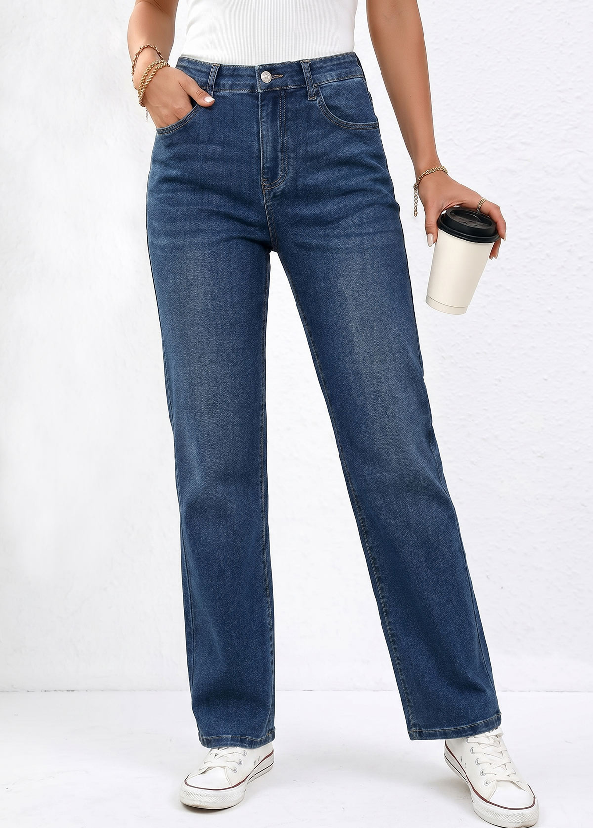 Denim Blue Straight Leg Zipper Fly High Waisted Jeans | picture 