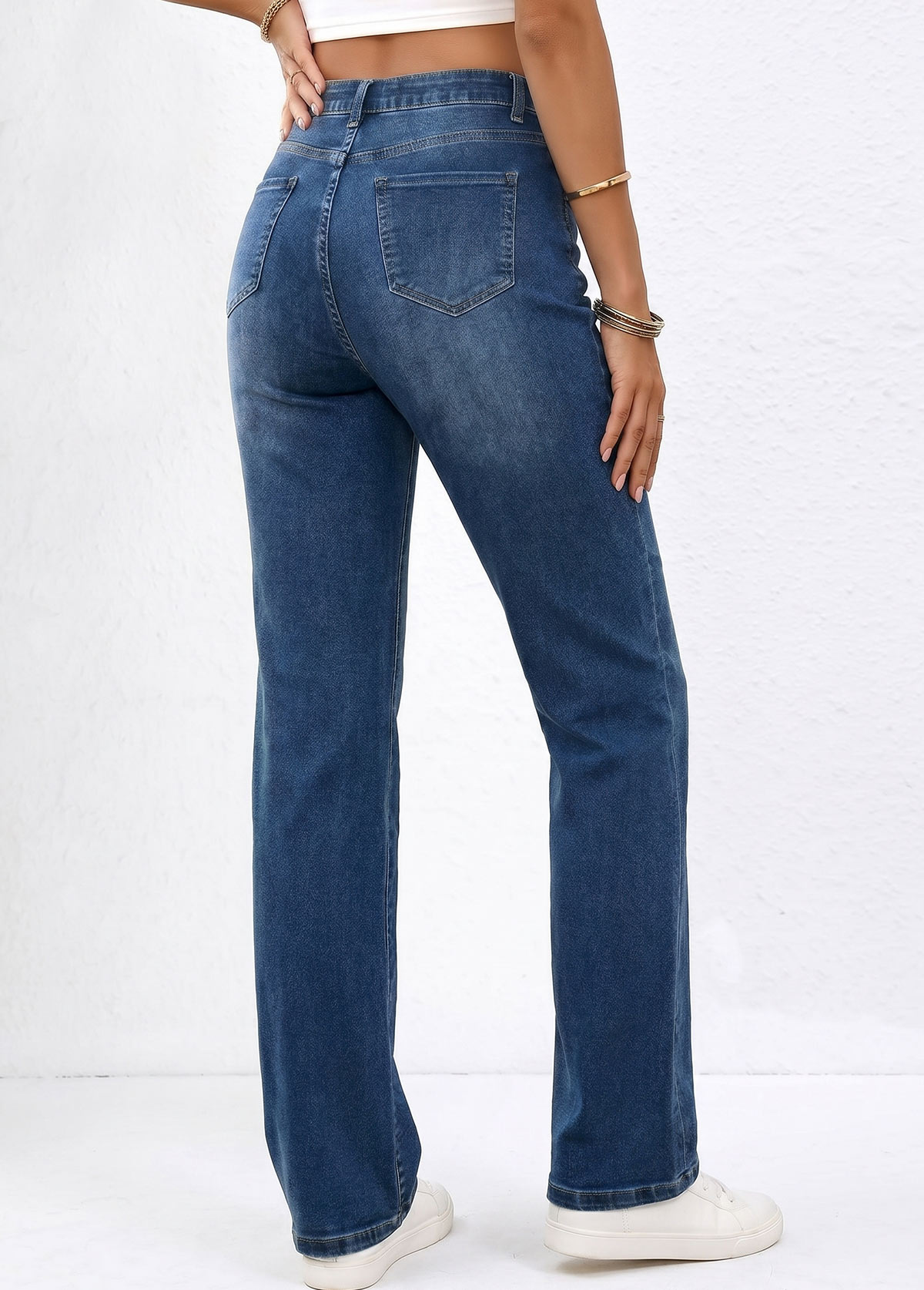 Denim Blue Straight Leg Zipper Fly High Waisted Jeans | picture 