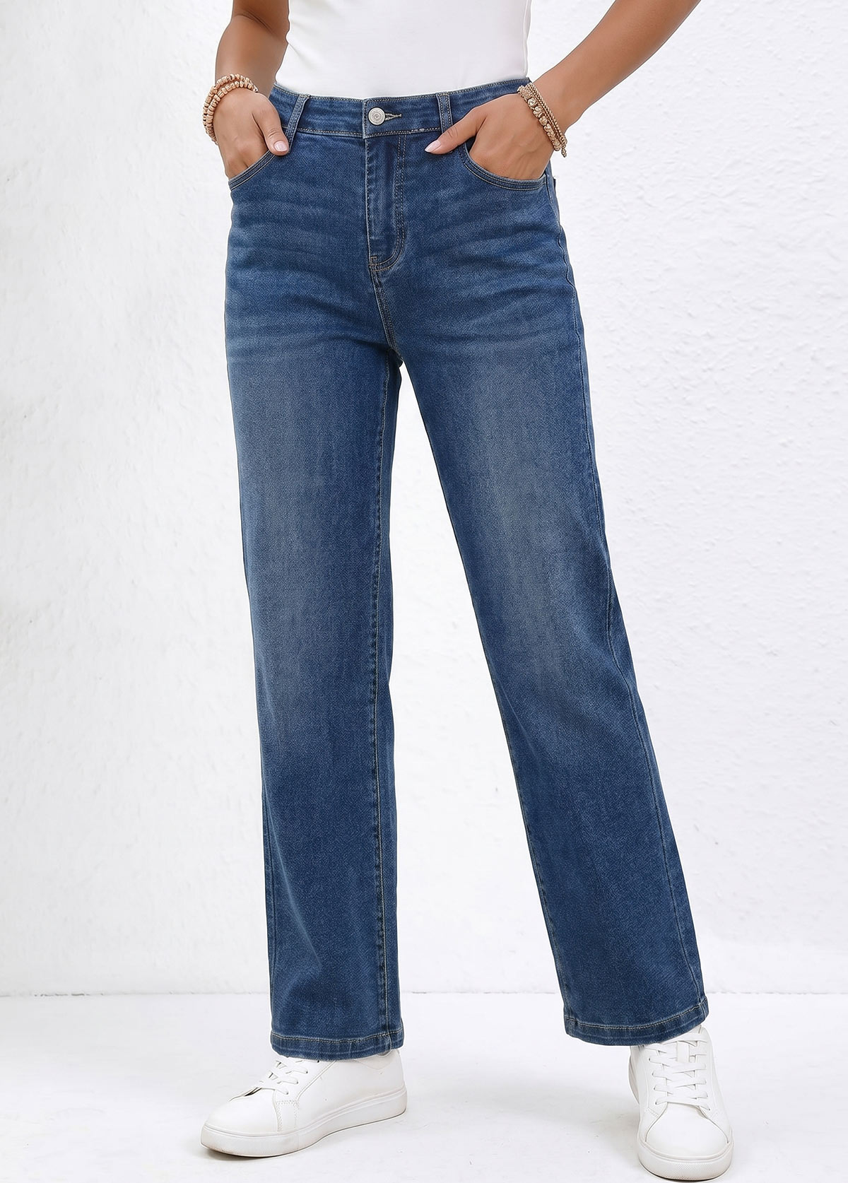 Denim Blue Straight Leg Zipper Fly High Waisted Jeans | picture 