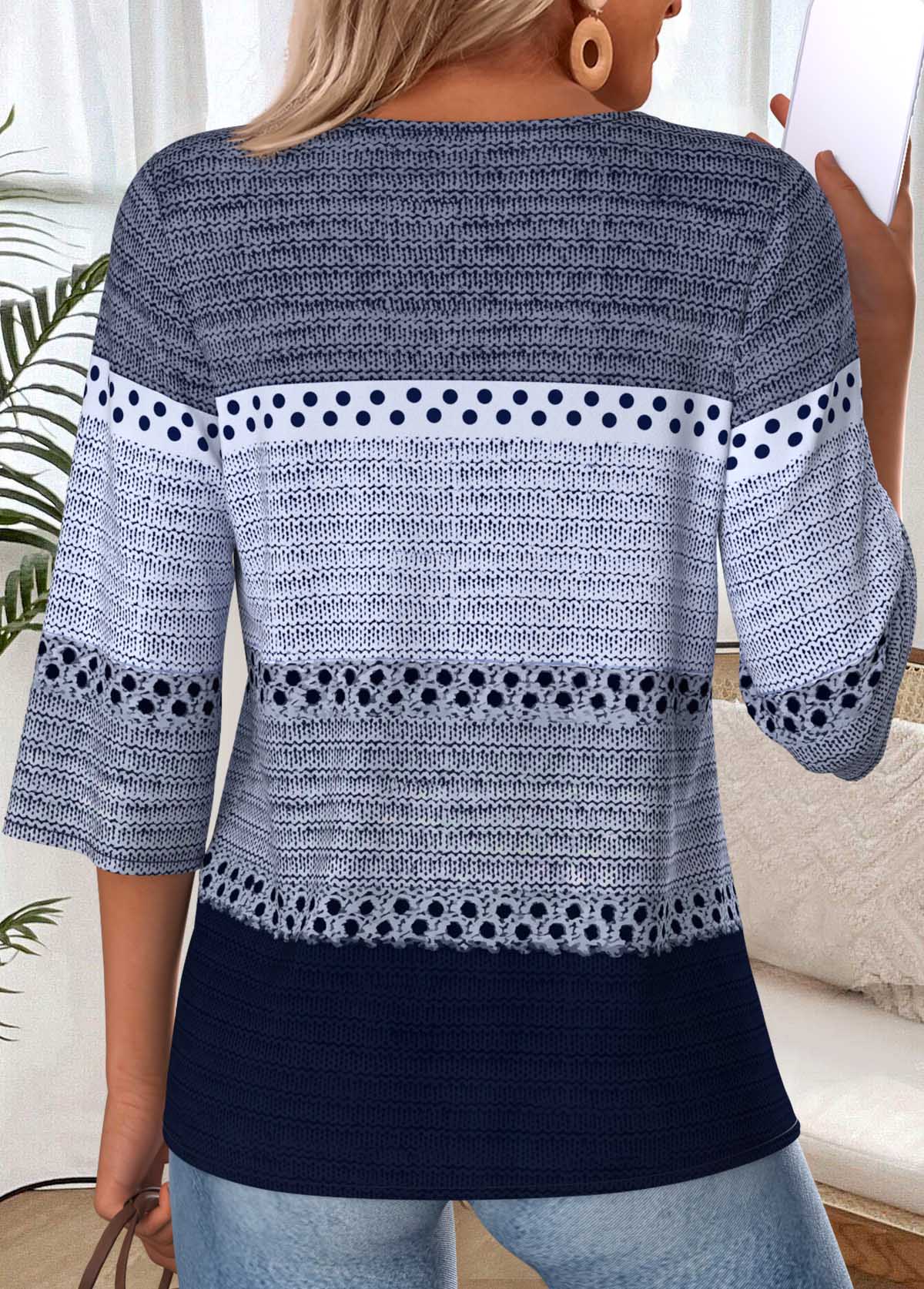 Navy Striped Patchwork 3/4 Sleeve Split Neck T Shirt | picture 