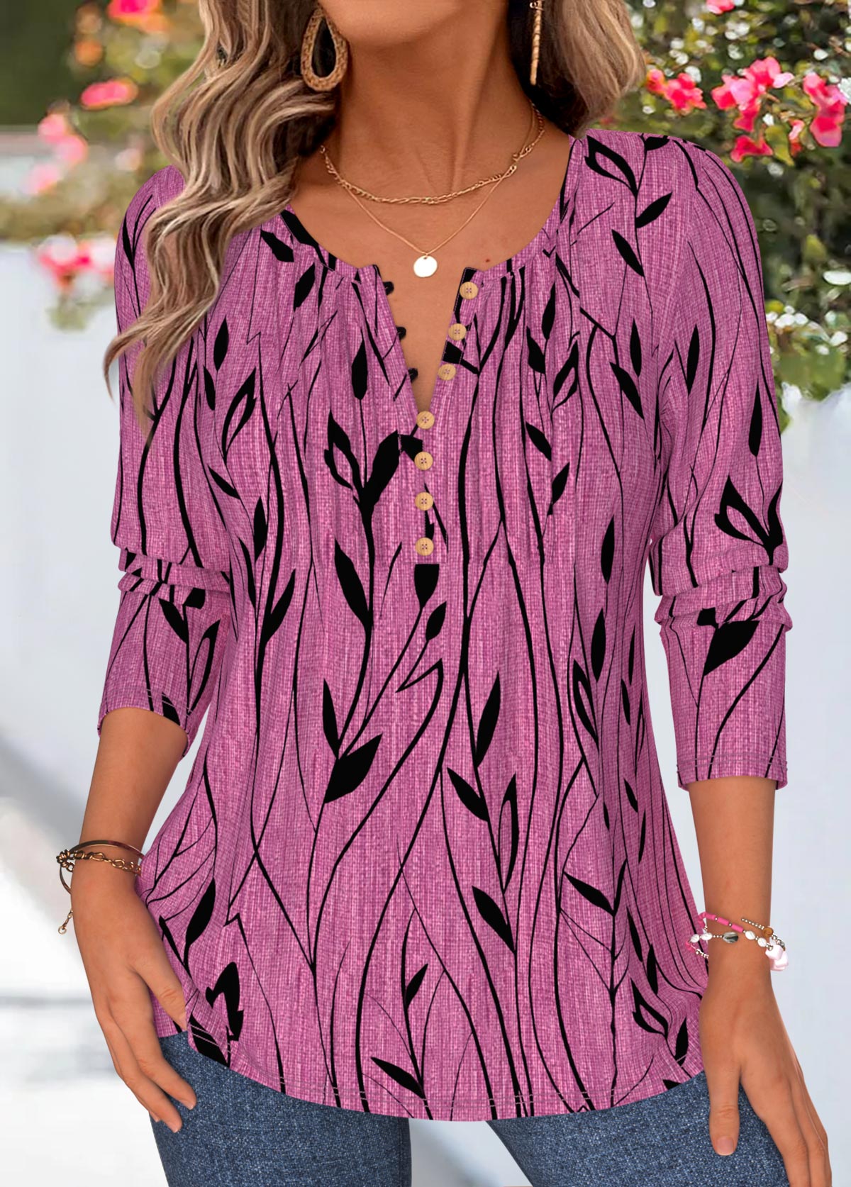 Violet Floral Print Tuck Stitch Long Sleeve T Shirt | picture 