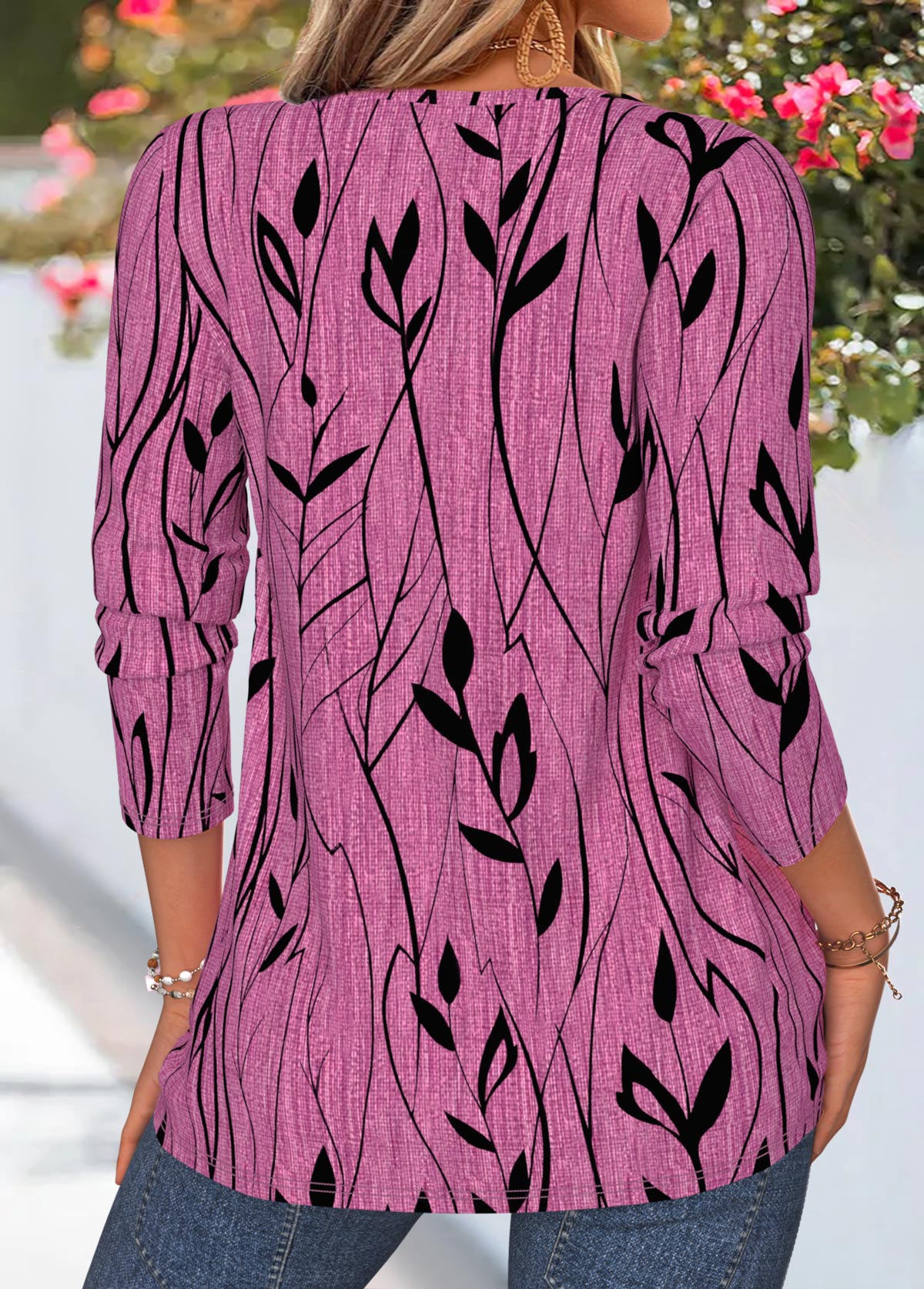 Violet Floral Print Tuck Stitch Long Sleeve T Shirt | picture 