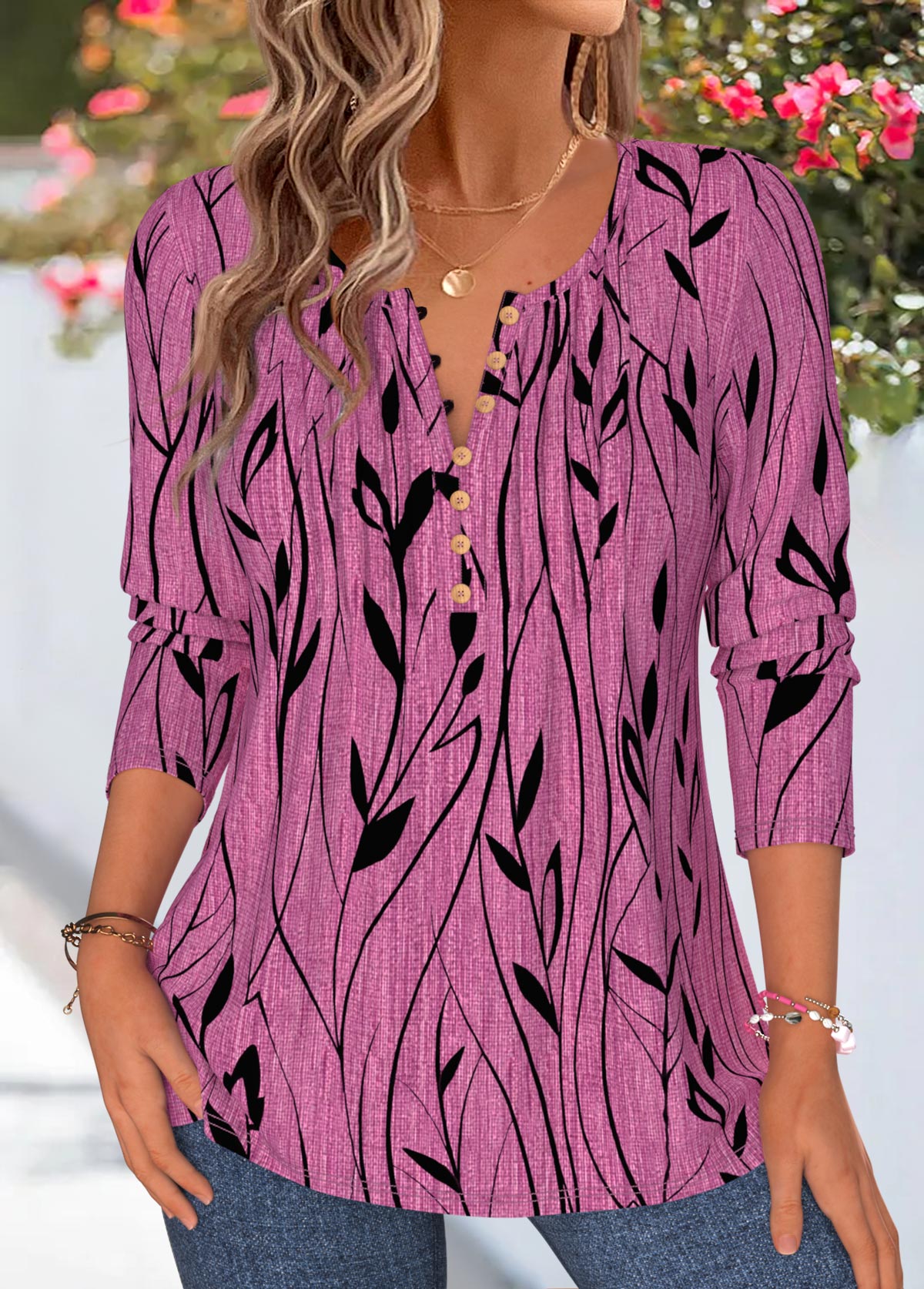 Violet Floral Print Tuck Stitch Long Sleeve T Shirt | picture 