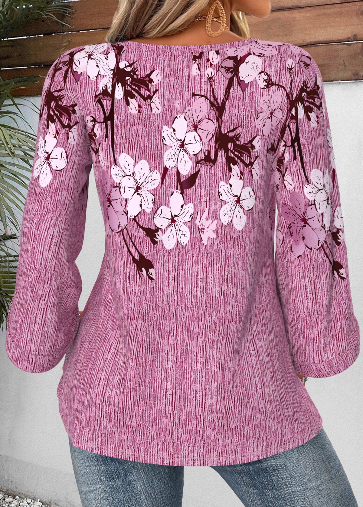 Violet Floral Print Button 3/4 Sleeve Round Neck Blouse | picture 