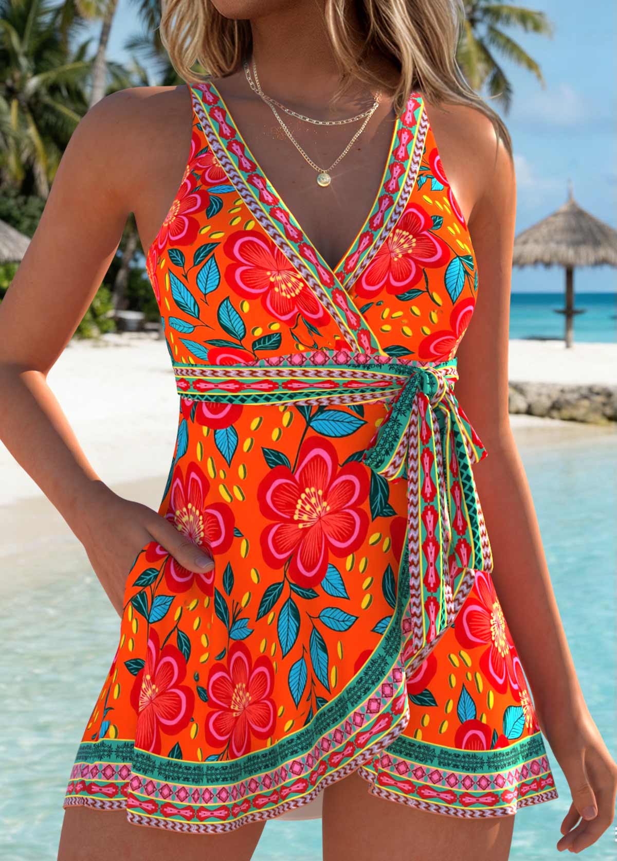 Orange Layered Floral Print One Piece Swimdress | picture 