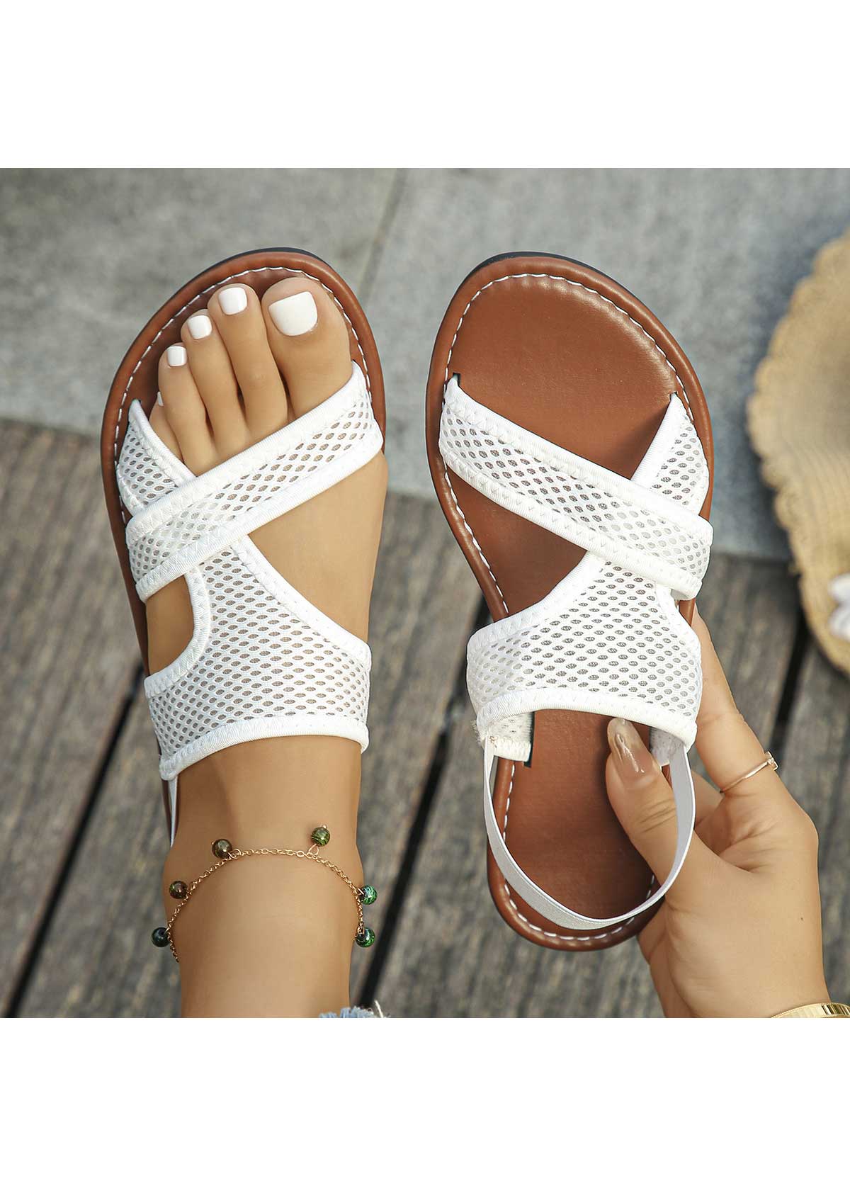 White Open Toe Faux Leather Falt | picture 