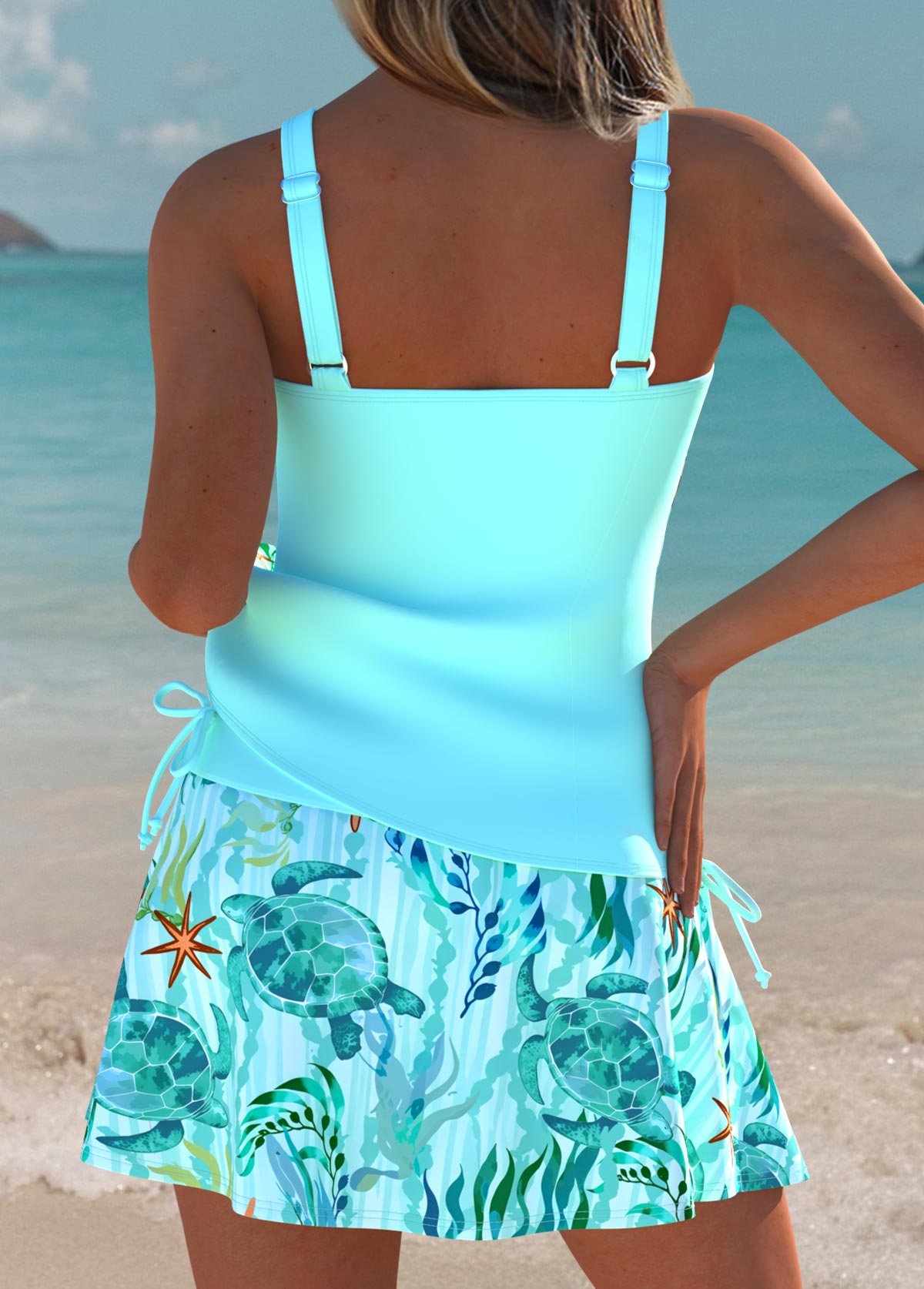 Cyan Mid Waisted Bowknot Marine Life Print Tankini Set | picture 